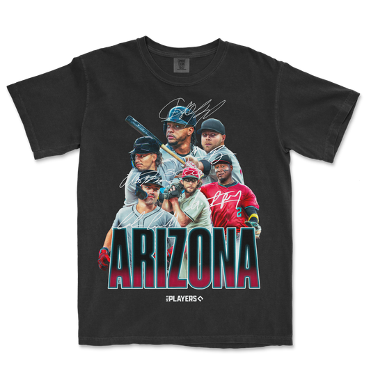 Black Comfort Colors T-shirt featuring a colorful Arizona baseball team graphic with autographs and bold "ARIZONA" text.