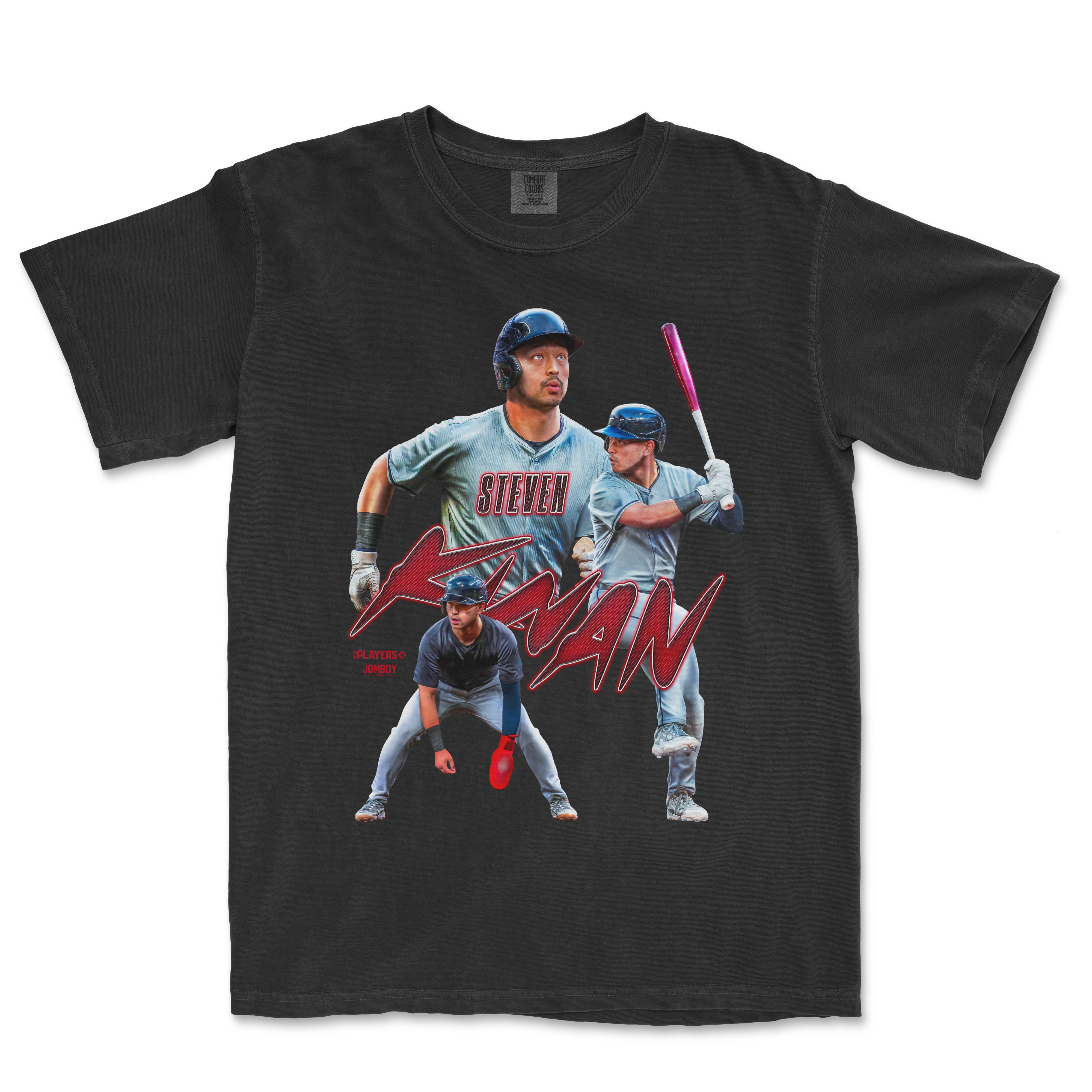 Black T-shirt featuring multiple images of a baseball player in action, with "Steven Kwan" written in bold red script across the front.