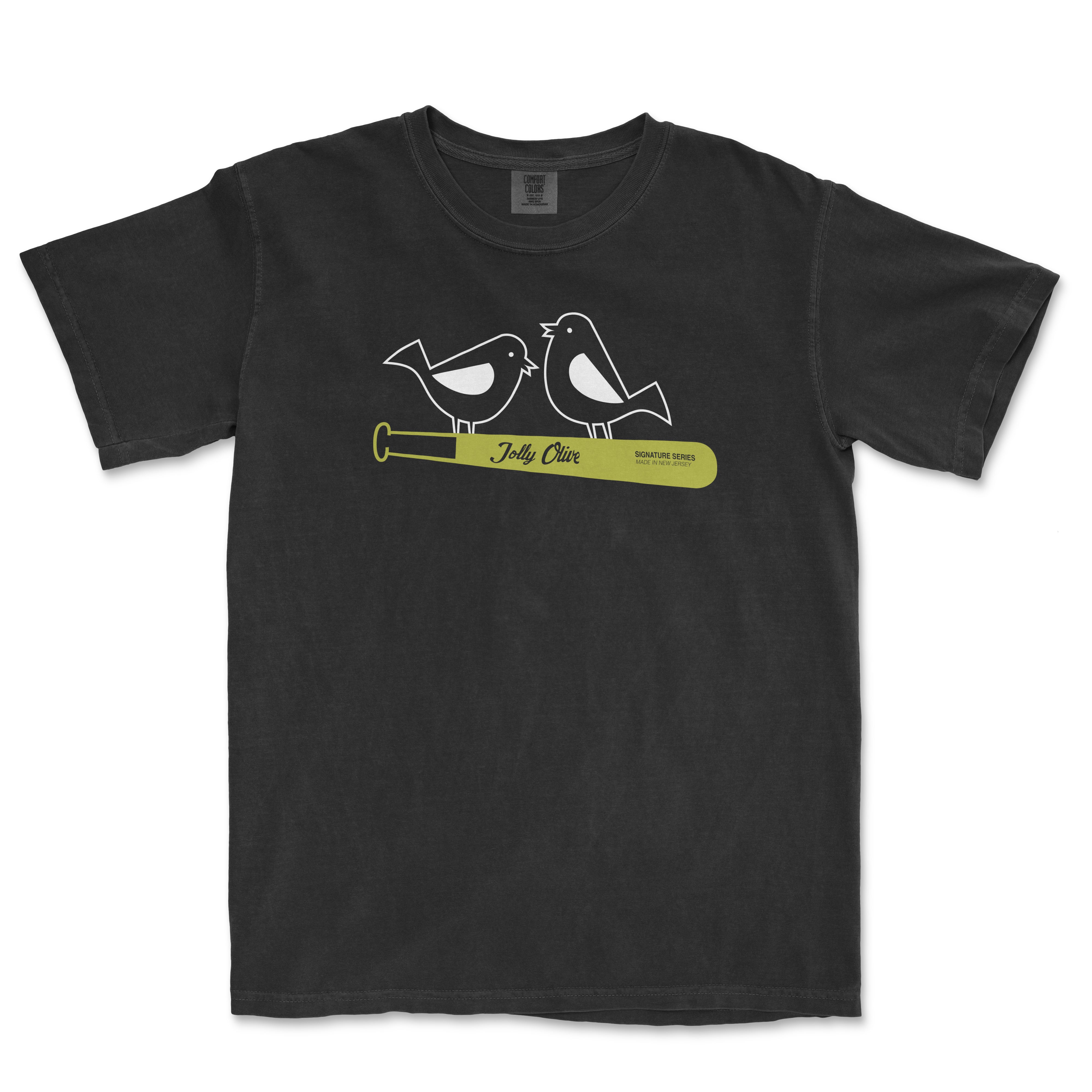 Black t-shirt featuring two cartoon birds and a baseball bat design from the Jolly Olive Collection.