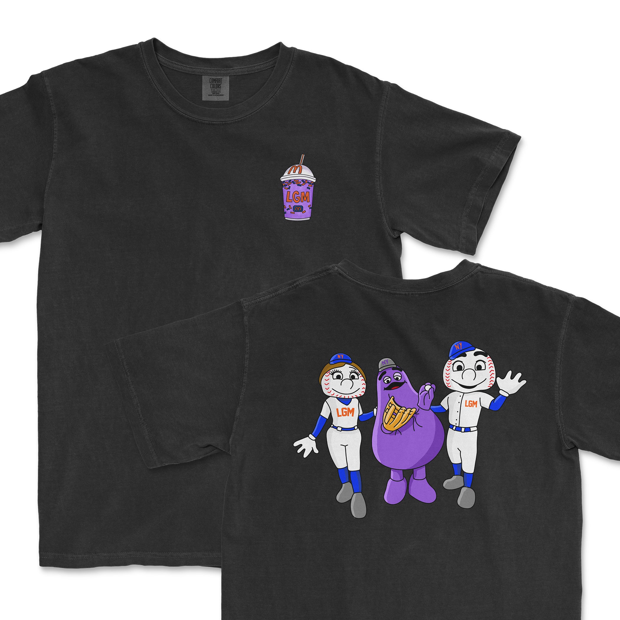 Black Comfort Colors T-shirt featuring cartoon-style baseball characters and a purple drink with "LGM" logo on the front.