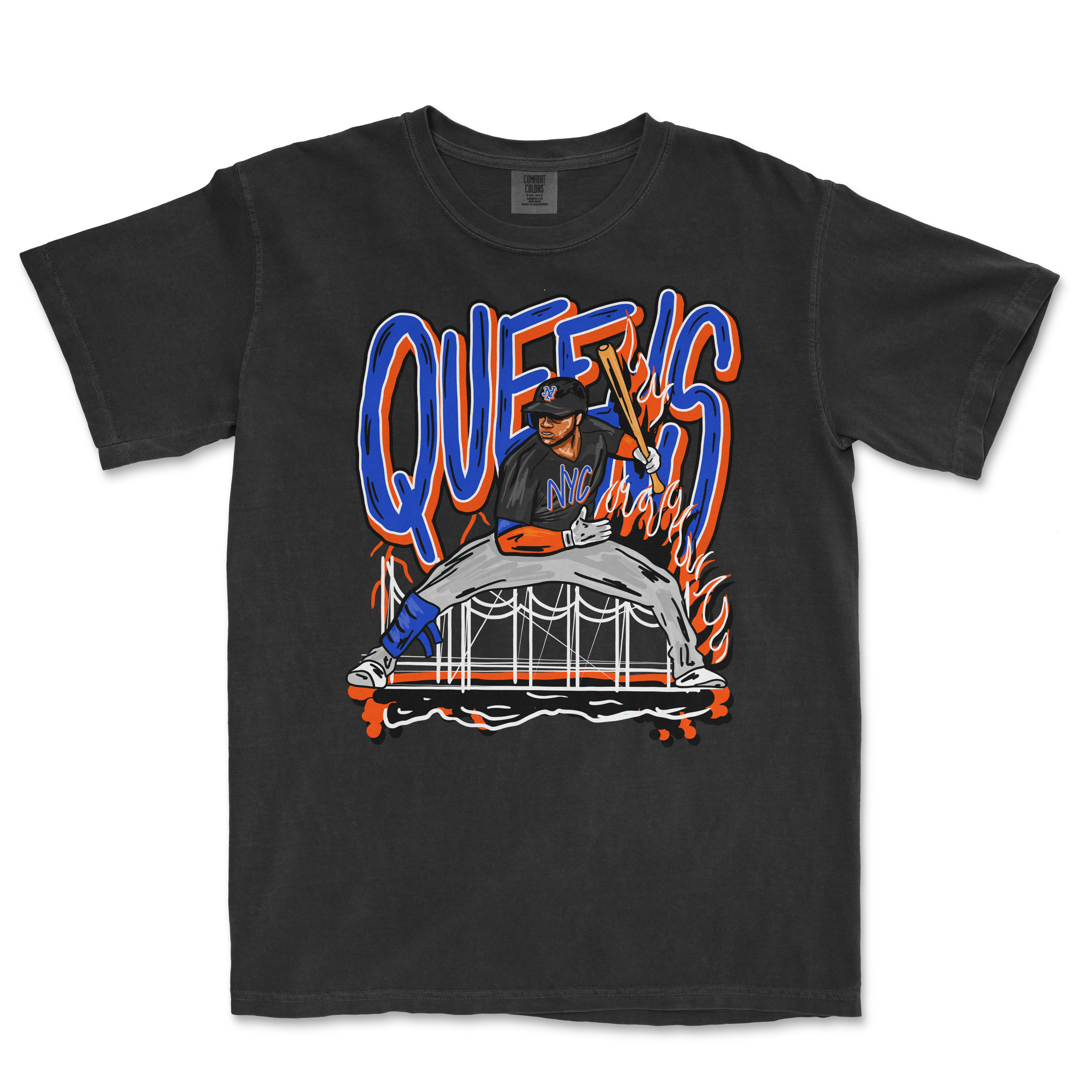 Black T-shirt featuring a graphic of a baseball player in a batting stance with "Queens NY" text and vibrant orange and blue accents.