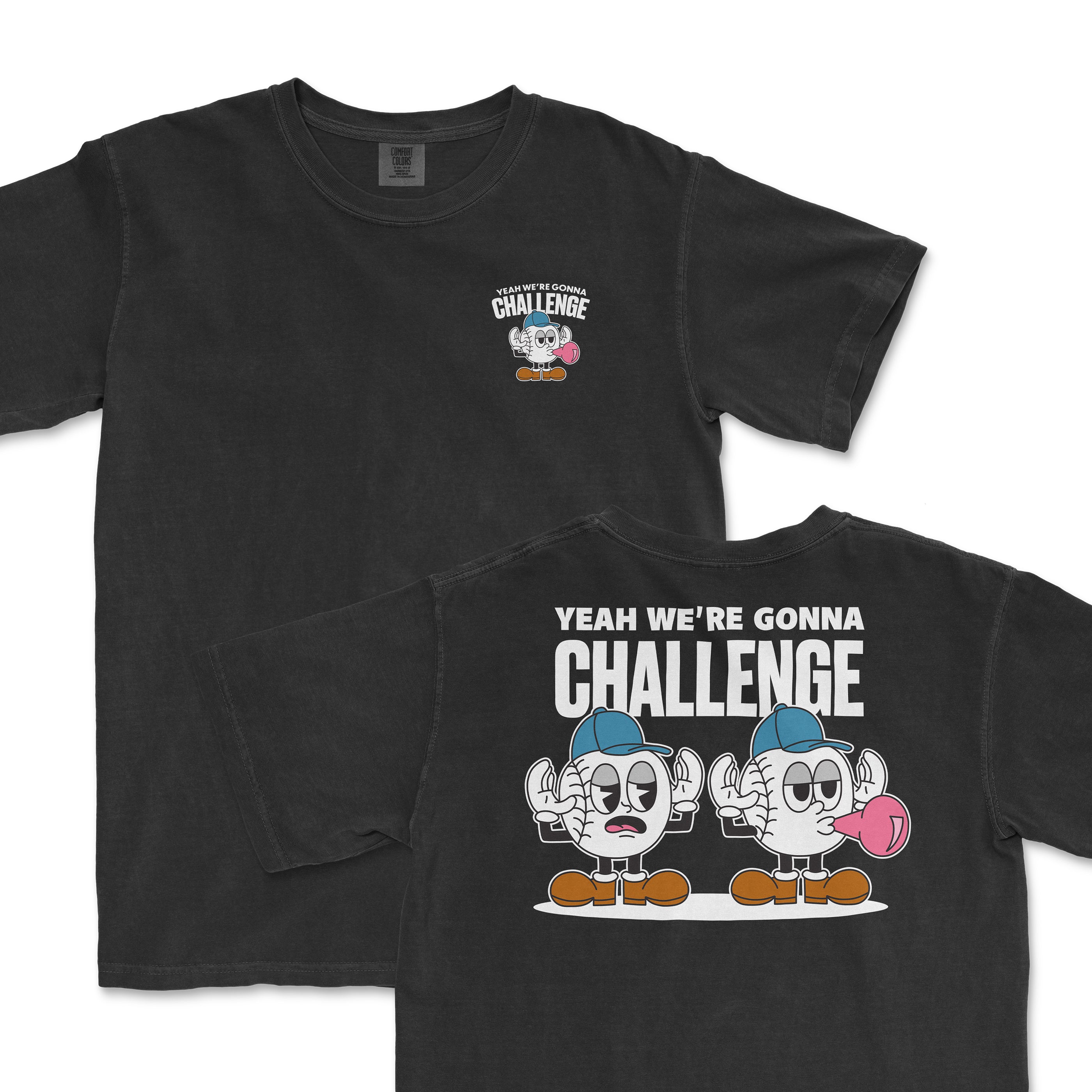 Black t-shirt featuring cartoon characters with the text "Yeah we're gonna challenge" on the back and front.