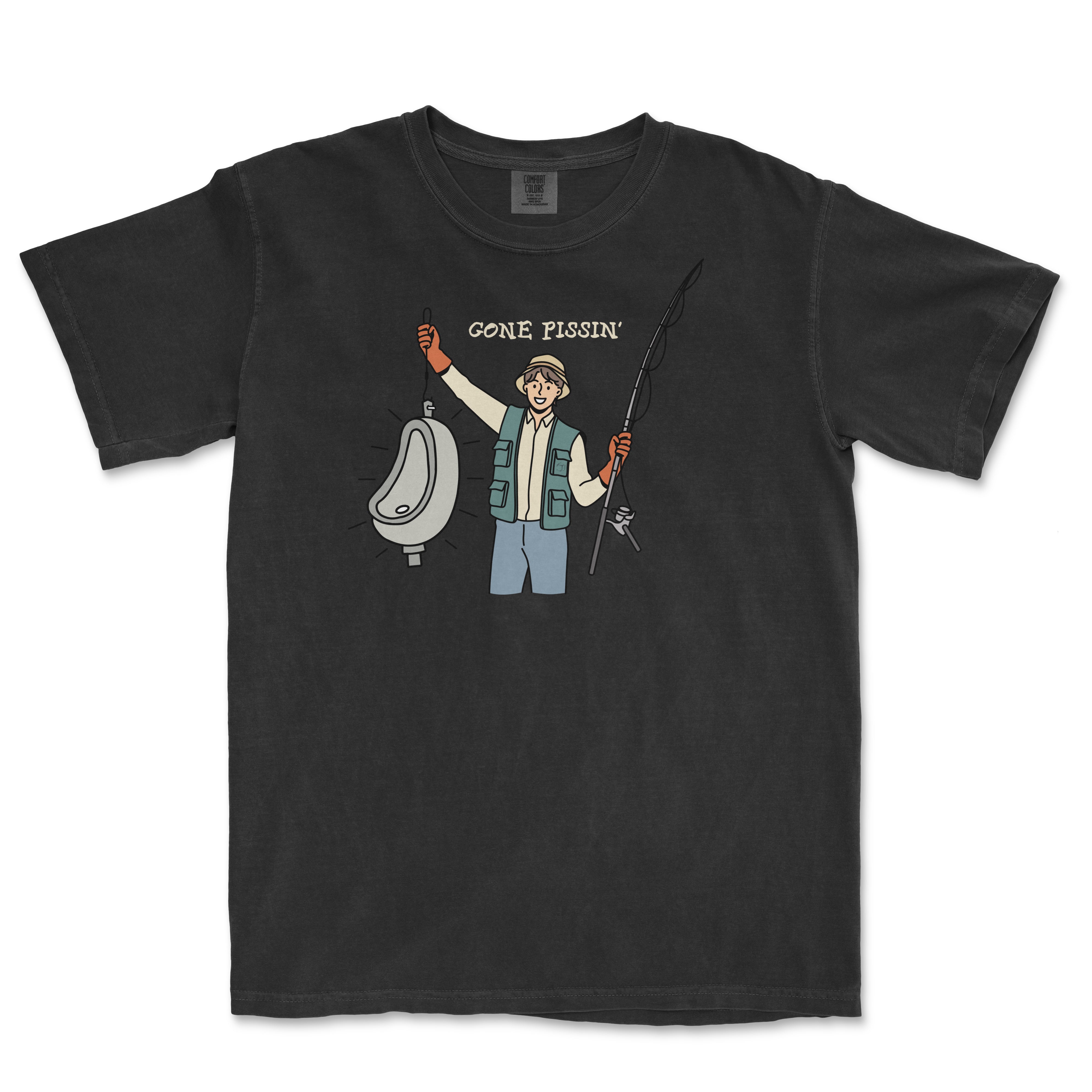 Black t-shirt featuring a cartoon character holding a fishing rod and a urinal, with the text "GONE PISSIN'" above.