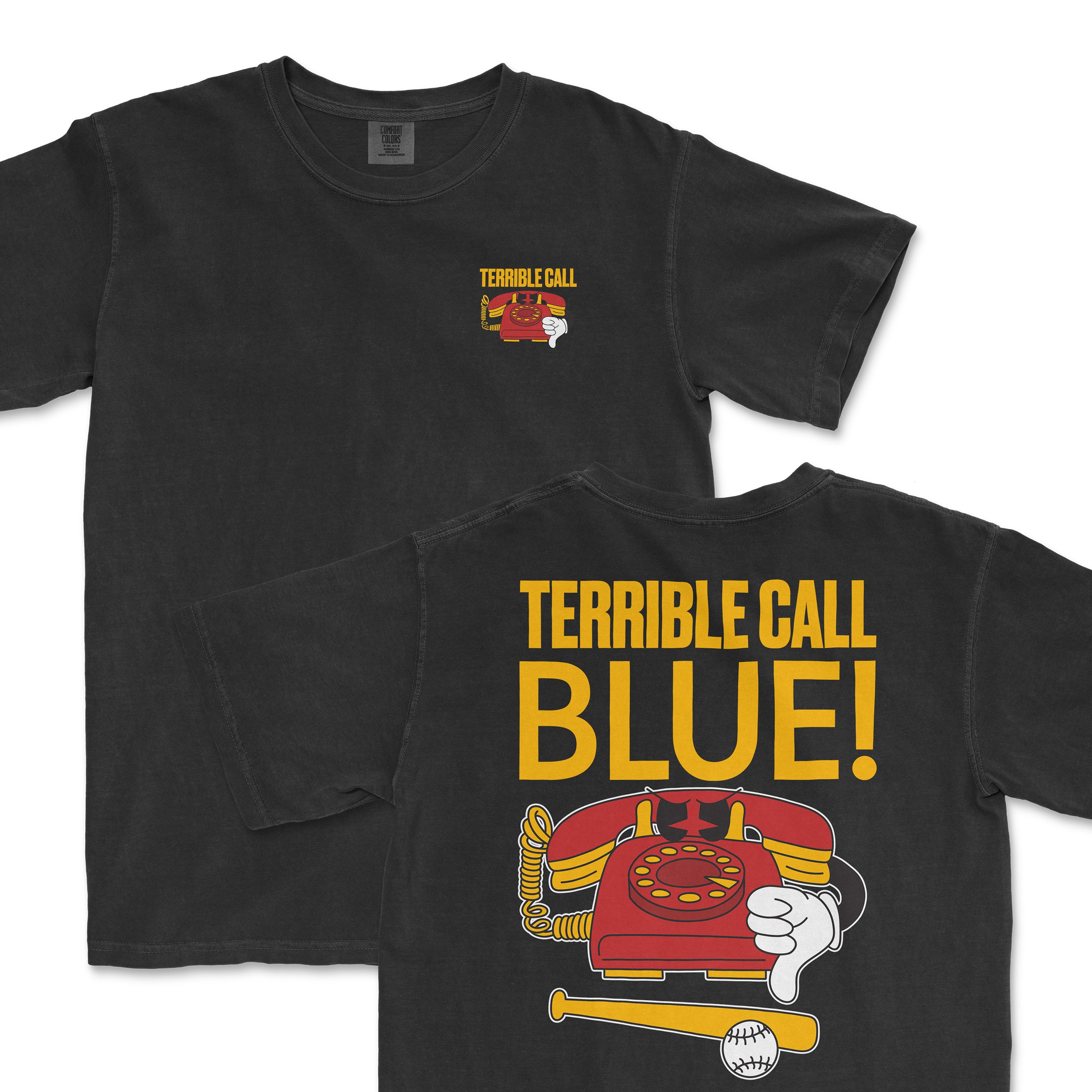 Black t-shirt featuring a vintage phone graphic with "Terrible Call Blue!" text, perfect for passionate sports fans.