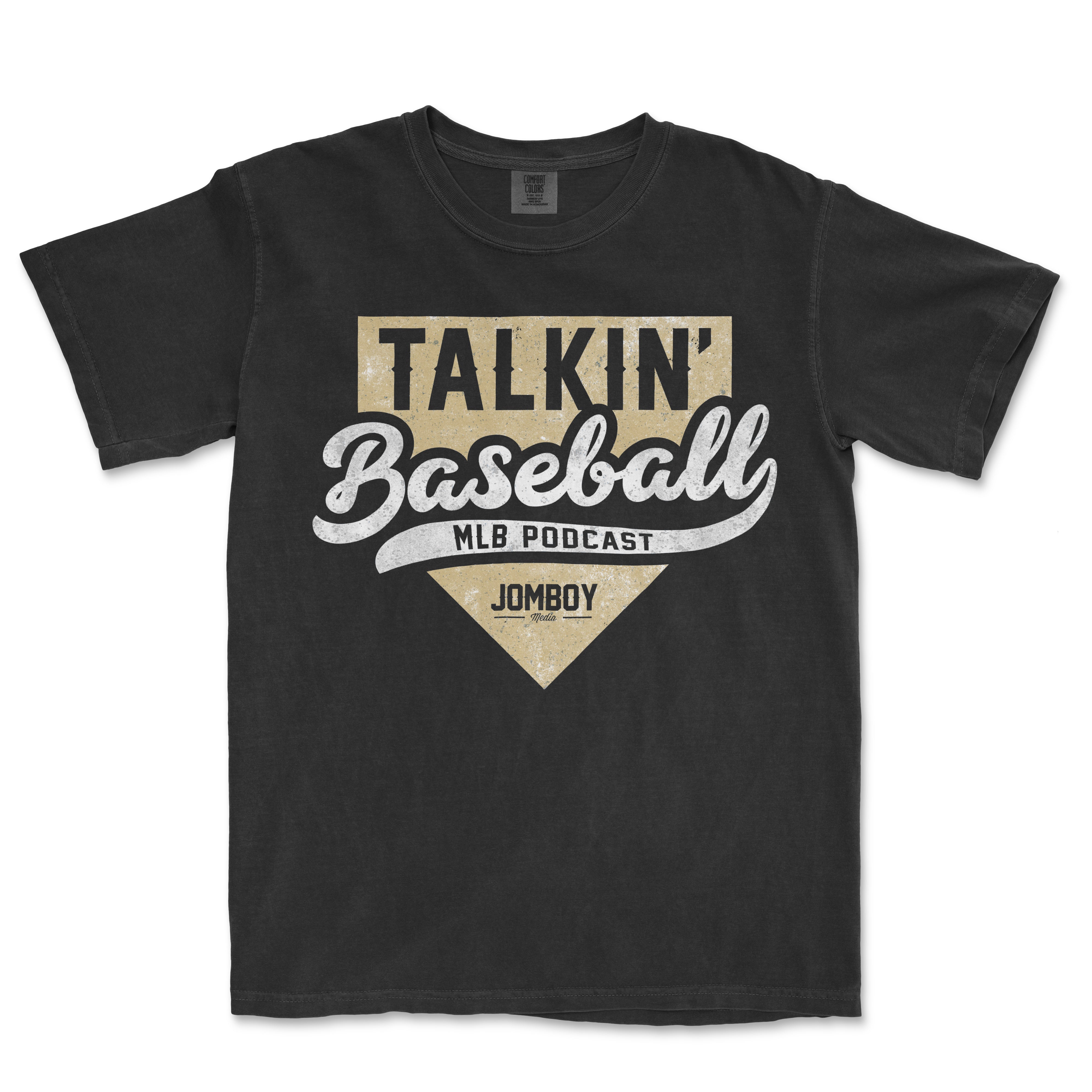 Black T-shirt with "Talkin' Baseball" and "MLB Podcast" text, featuring a vintage-style design and the name "Jomboy Media" at the bottom.