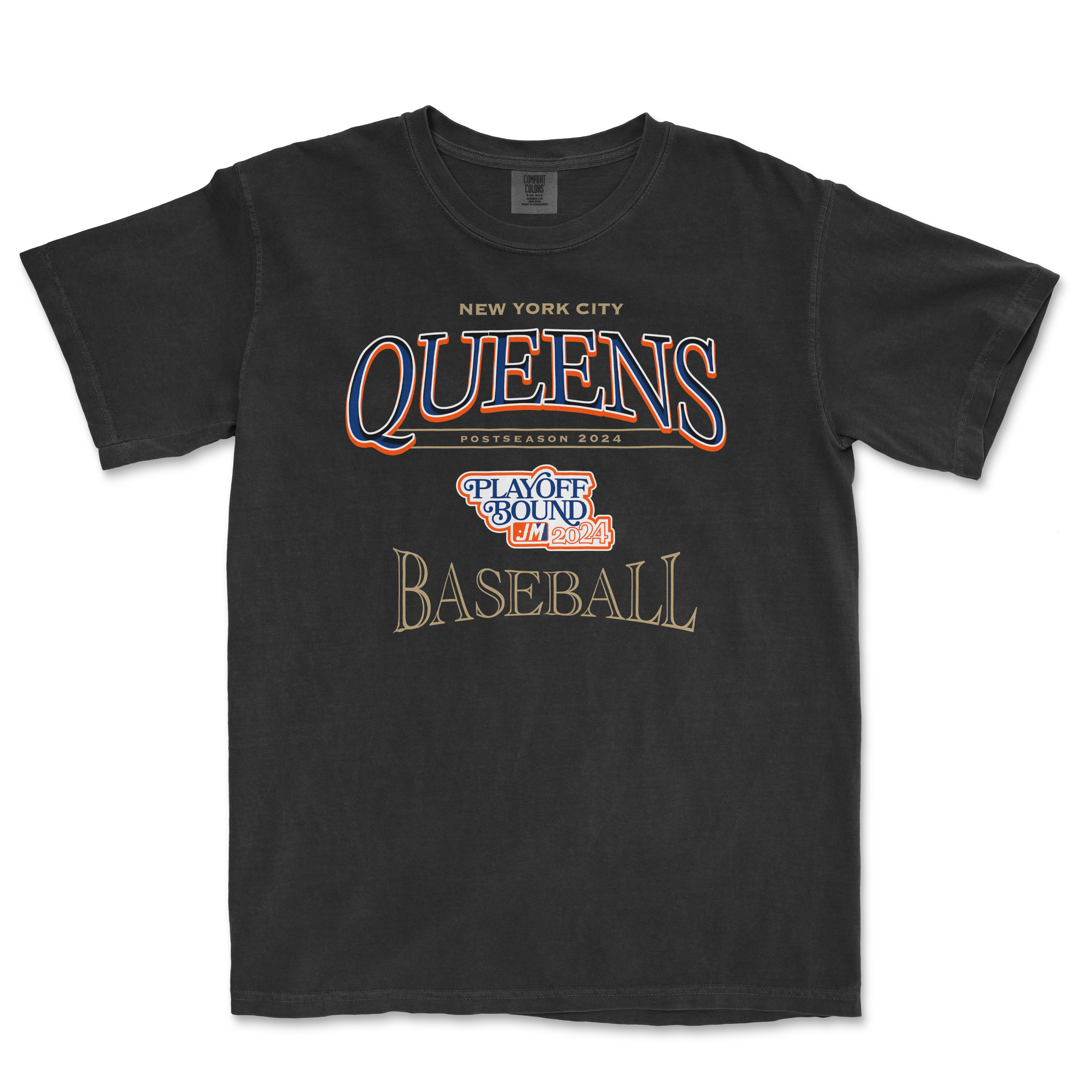 Black Comfort Colors T-shirt featuring "Queens" text, baseball graphics, and "Postseason 2024" for New York City baseball fans.