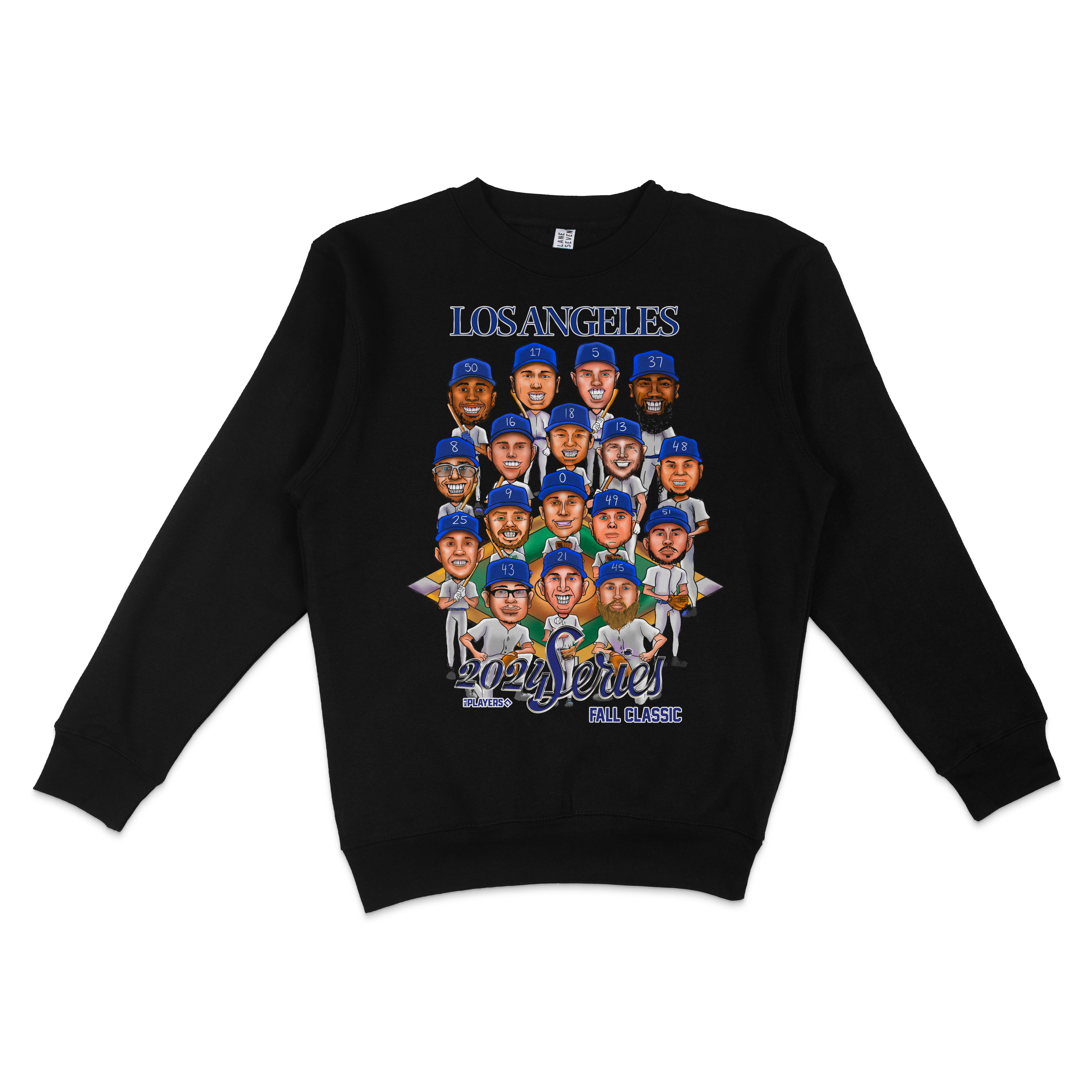 Black crewneck sweatshirt featuring cartoon-style Los Angeles Dodgers players, "2024 Series Fall Classic" text, and team logo.