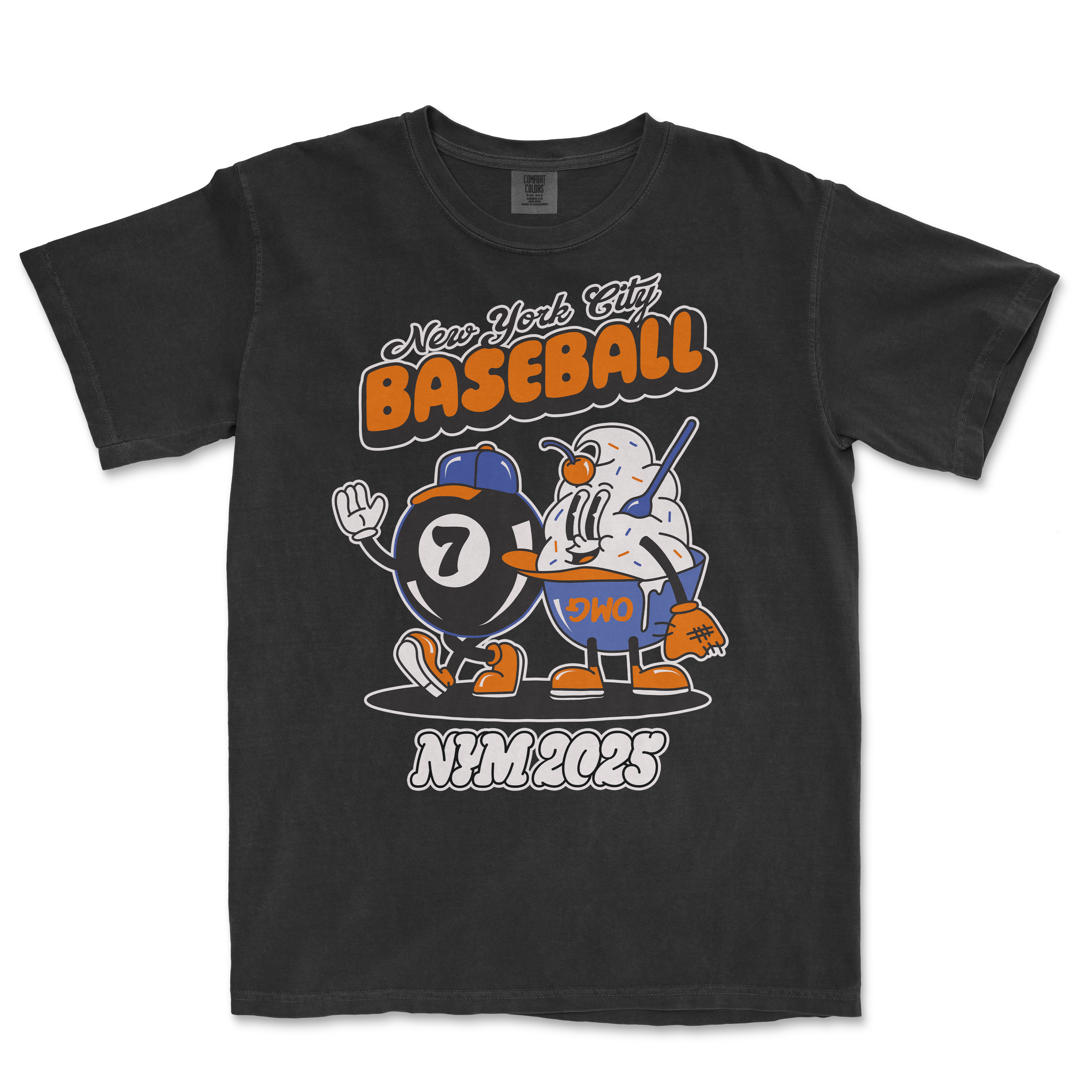 Black Comfort Colors T-shirt featuring a vintage-style graphic of a magic 7 ball and ice cream character with baseball gloves, with "New York City Baseball" text.