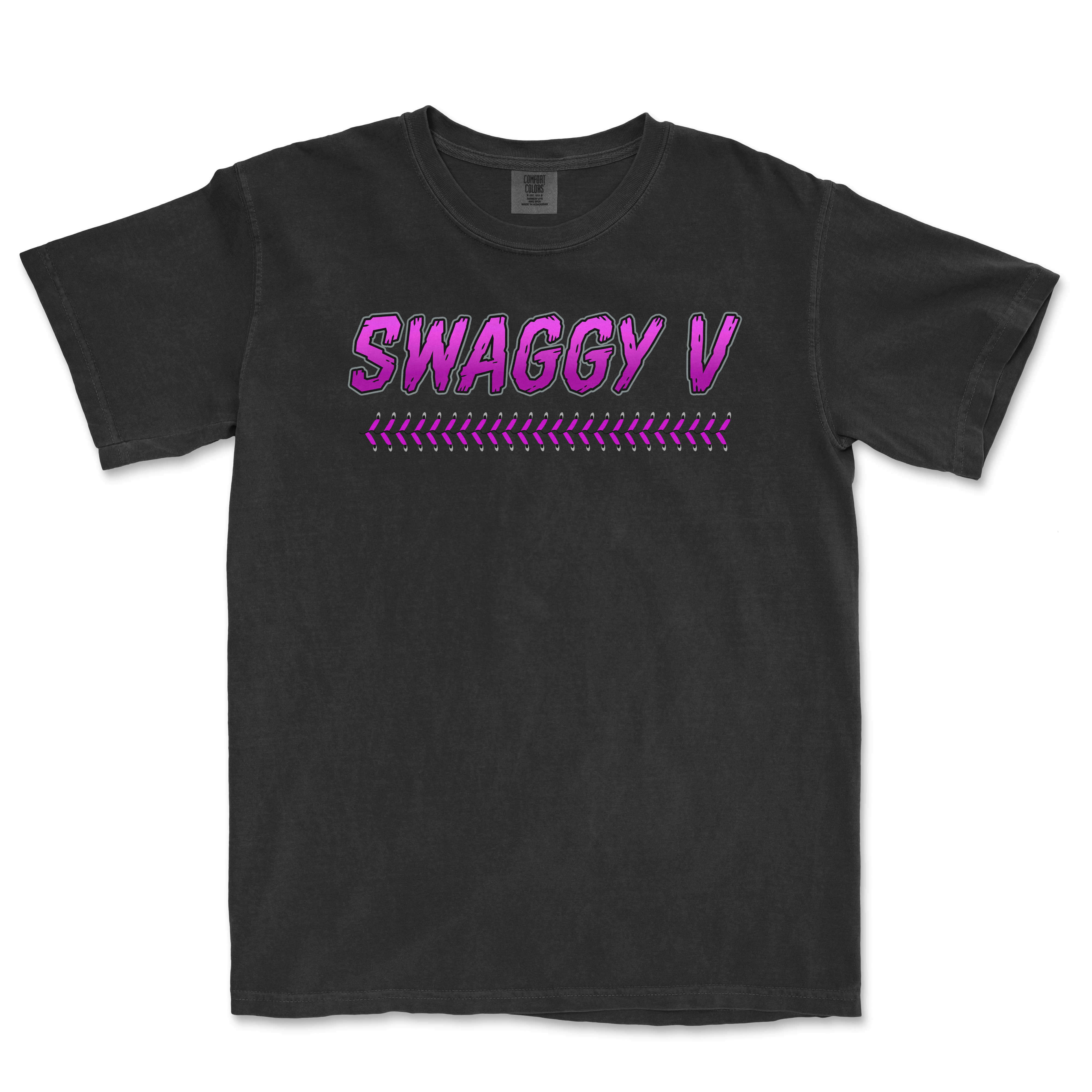 Black T-shirt with "SWAGGY V" in bold purple text and a decorative purple arrow design underneath.