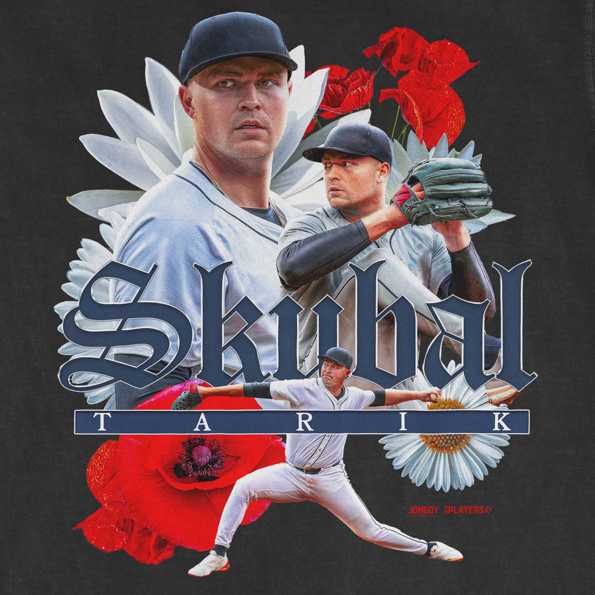 Graphic design featuring a baseball player, flowers, and the text "Skubal" and "Tarkik" on a dark background.