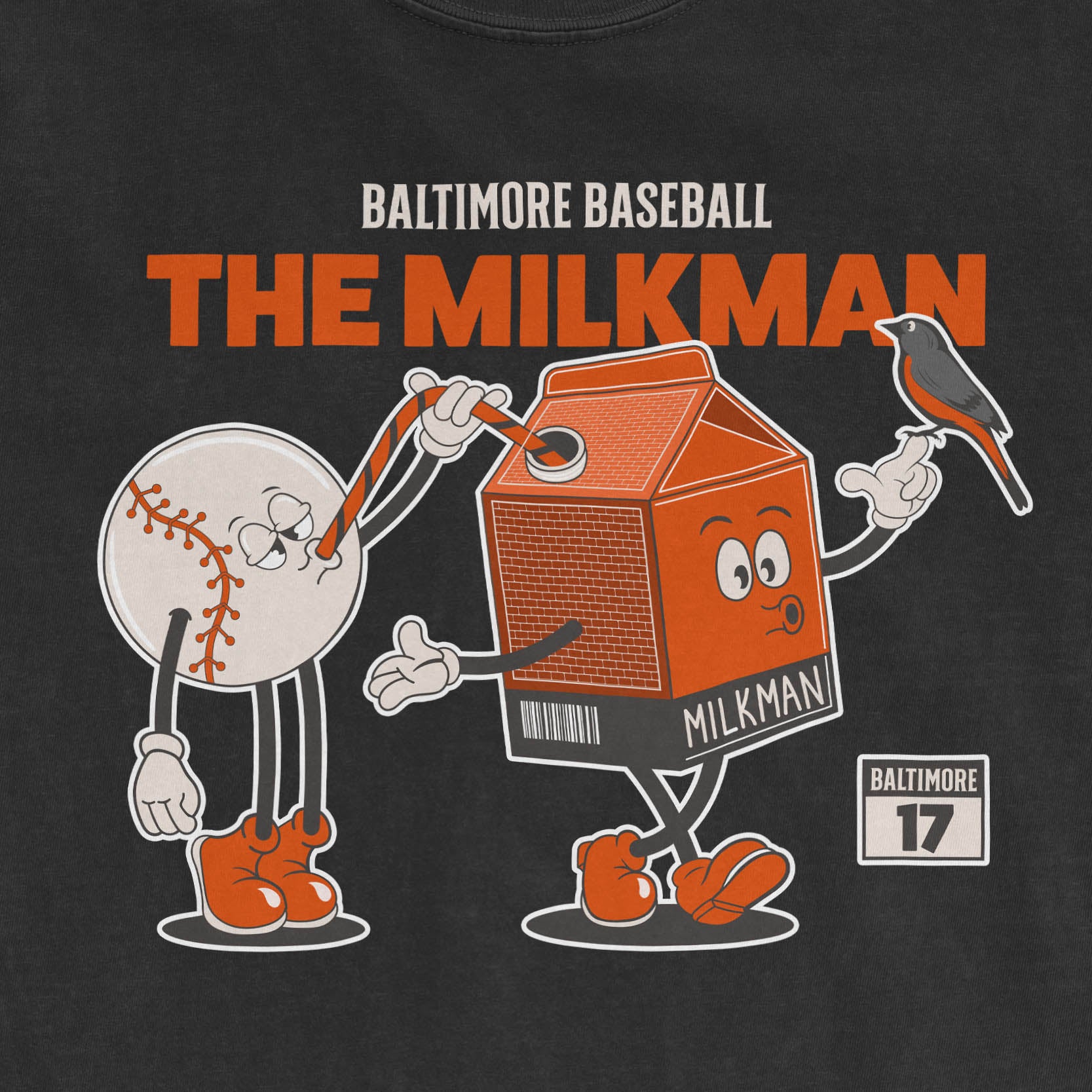 Cartoon baseball and milk carton characters holding a straw and a bird, with text "Baltimore Baseball The Milkman" on a dark background.