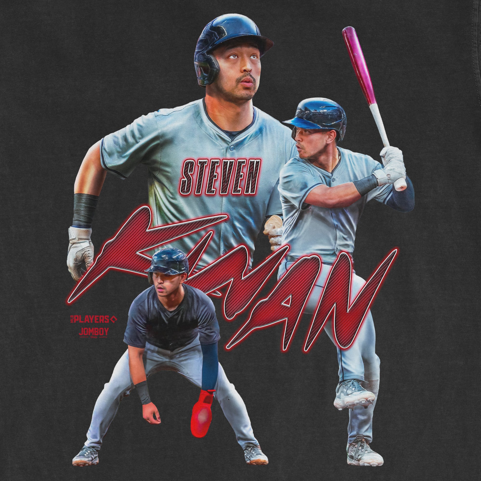 Collage of three images of a baseball player in various action poses, wearing a gray uniform with "STEWEN" on the chest, with a black background.