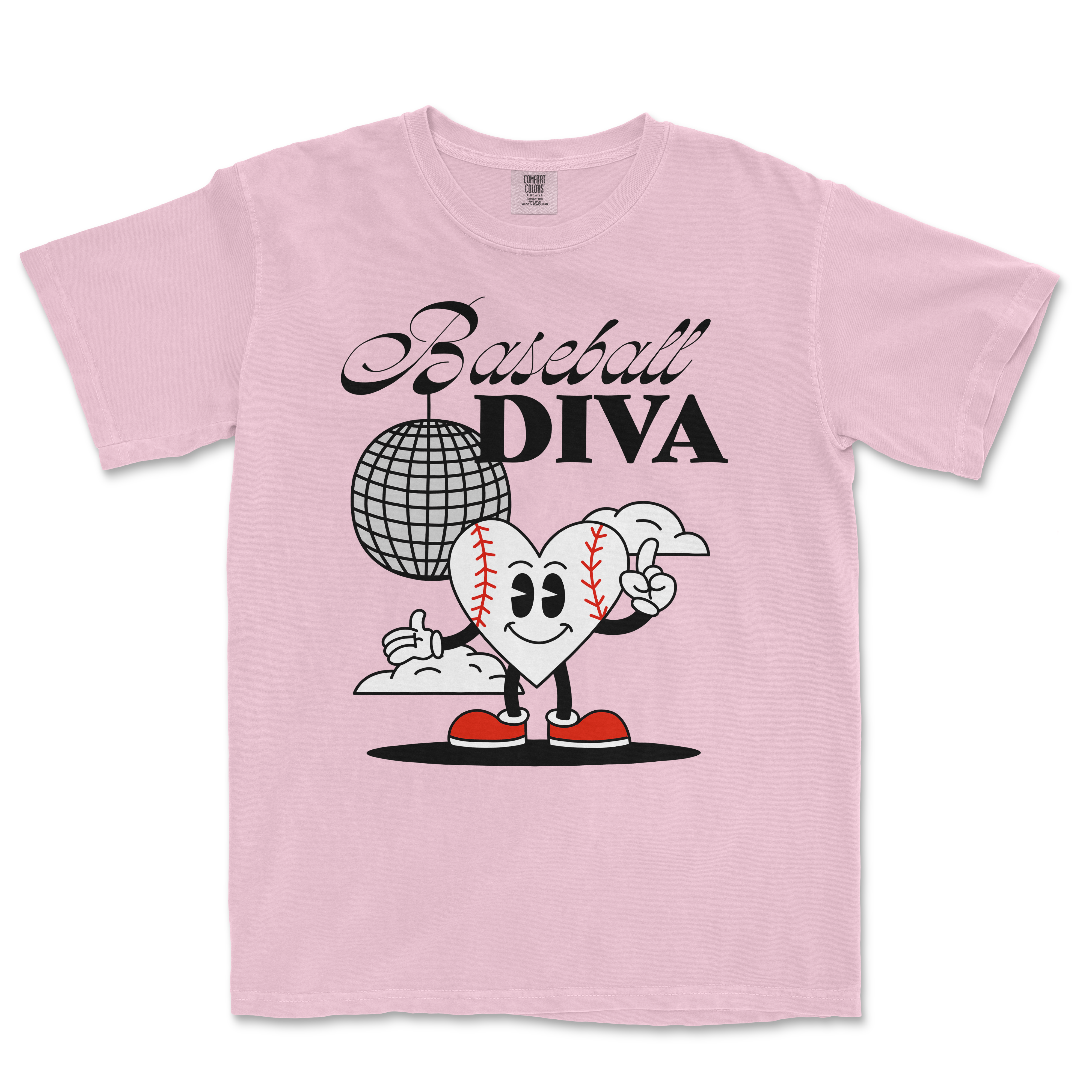 Pink Comfort Colors T-shirt featuring a cartoon heart with baseball stitches, sneakers, and the text "Baseball Diva" above.