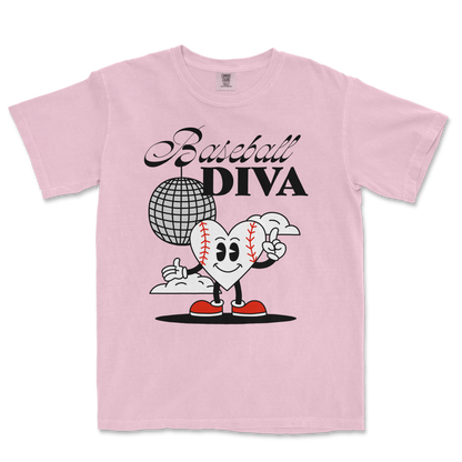 Pink Comfort Colors T-shirt featuring a cartoon heart with baseball stitches, sneakers, and the text "Baseball Diva" above.