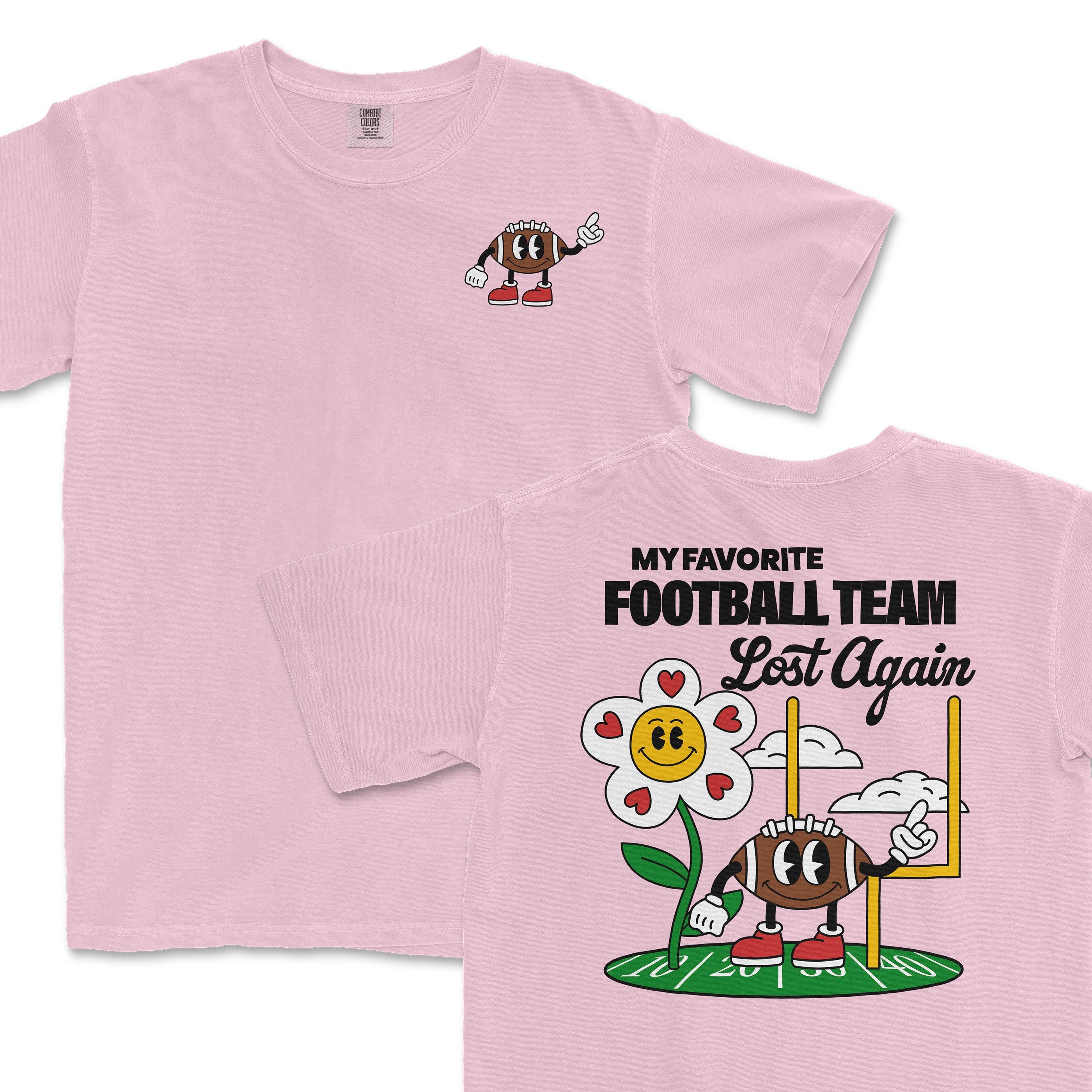 Pink Comfort Colors T-shirt with a football character and a flower, featuring humorous text about a favorite team losing again.