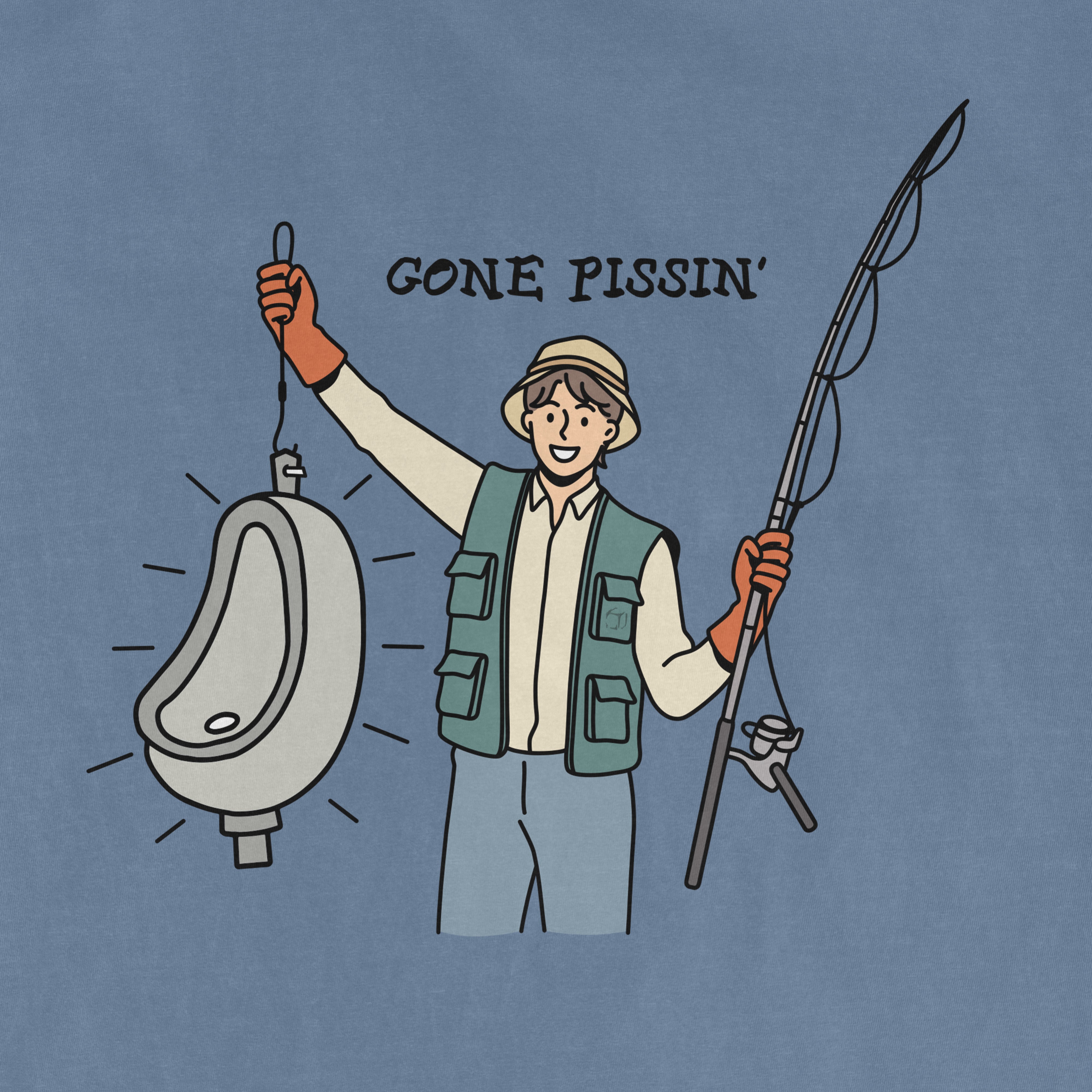 Illustration of a smiling man holding a fishing rod and a portable urinal, with the text "GONE PISSIN'" above him.
