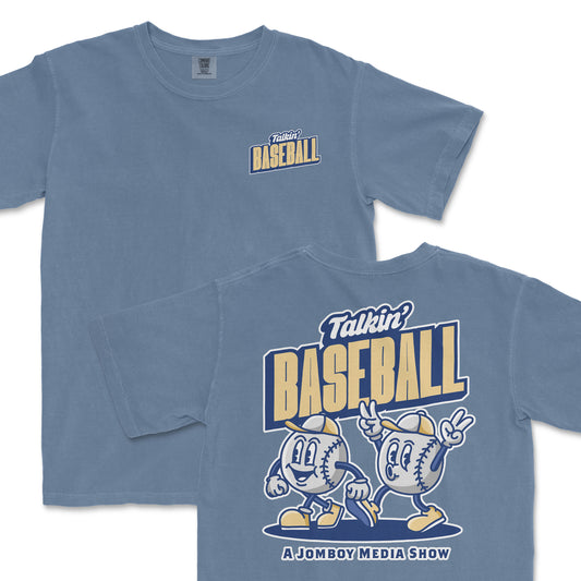 Blue T-shirt featuring "Talkin' Baseball & Friends" logo on the front and a cartoon baseball characters with peace signs and "A Jomboy Media Show" text on the back.