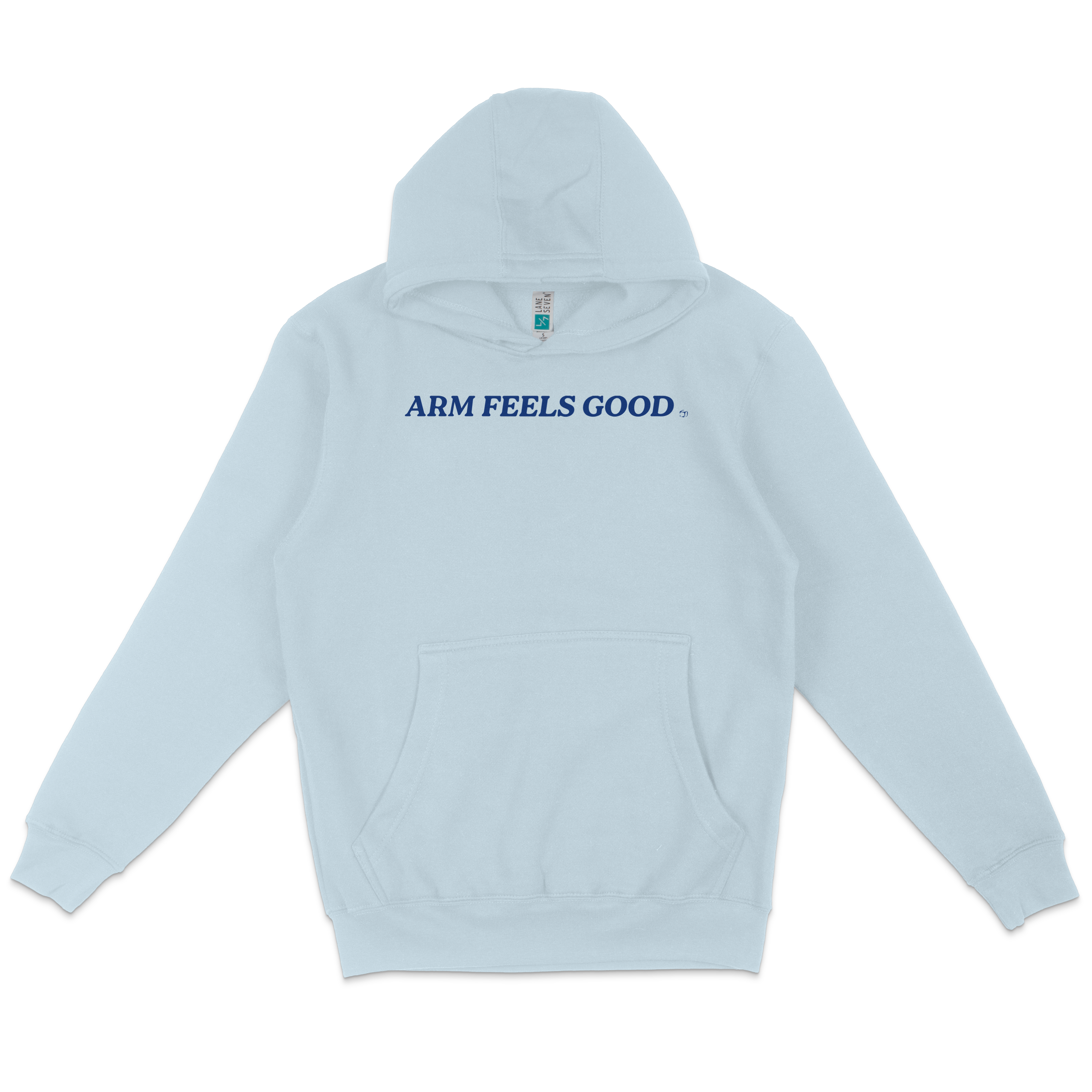 Light blue pullover fleece hoodie with "ARM FEELS GOOD" printed in navy blue on the front, featuring a front pocket and a hood.