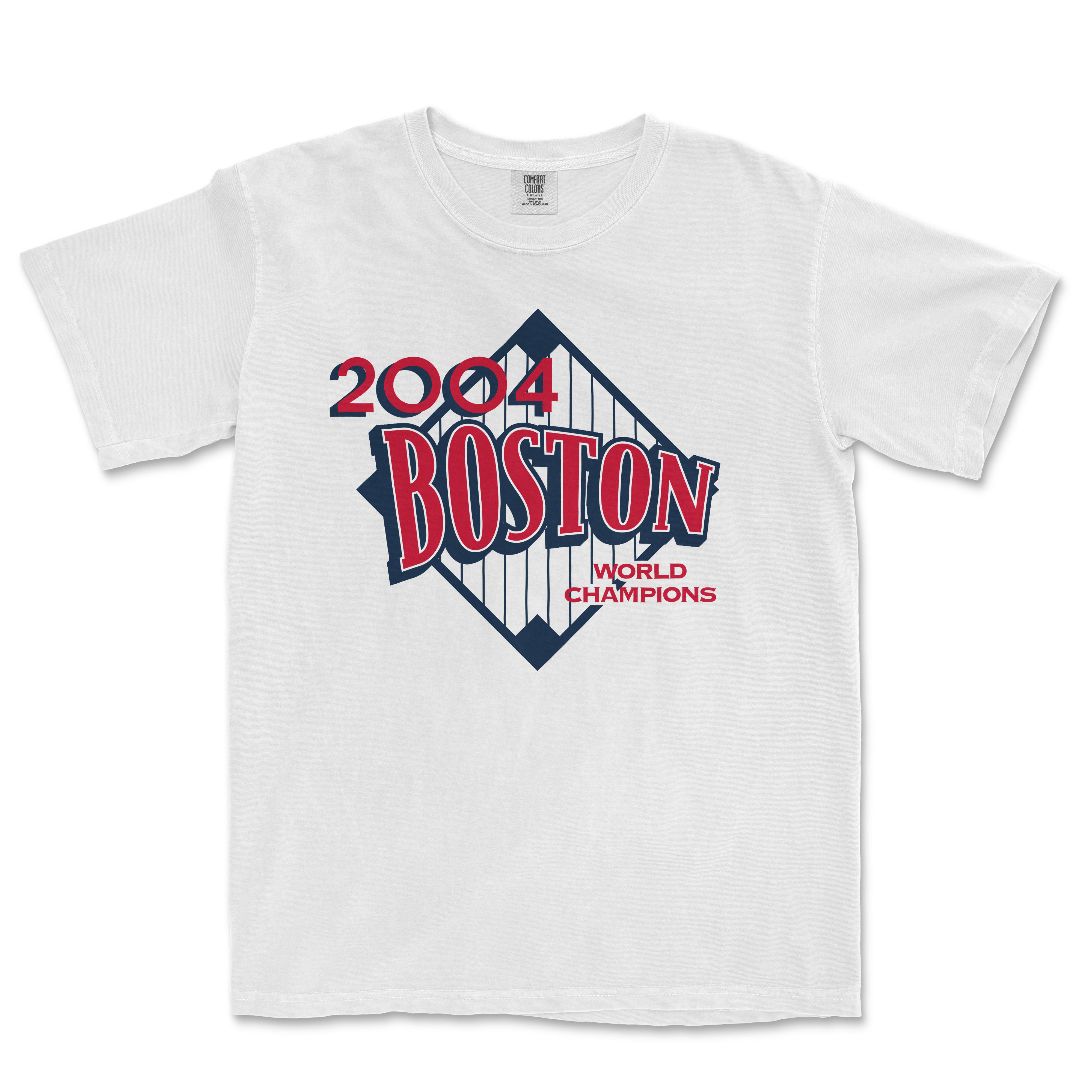 White Comfort Colors T-shirt featuring a 2004 Boston World Champions graphic with a baseball diamond design and bold red and navy text.