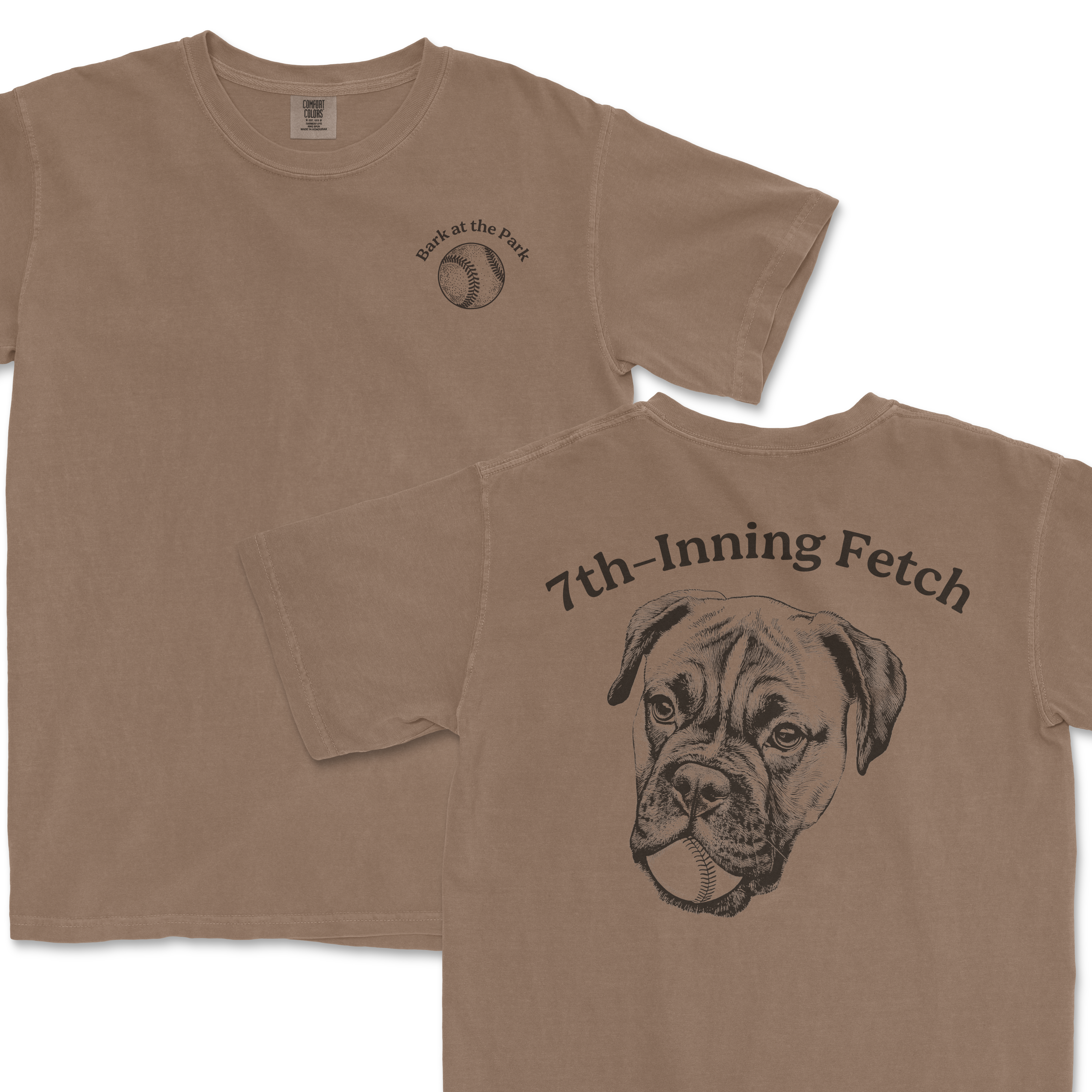 Beige Comfort Colors T-shirt featuring a "7th-Inning Fetch" baseball-themed design with a dog and baseball graphic.