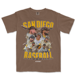 Brown SD Signature Series baseball t-shirt featuring a collage of signed players, "San Diego Baseball" text, and team logo.