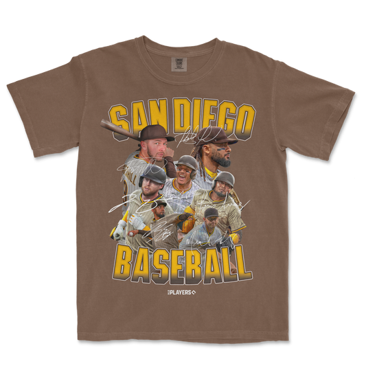 Brown SD Signature Series baseball t-shirt featuring a collage of signed players, "San Diego Baseball" text, and team logo.