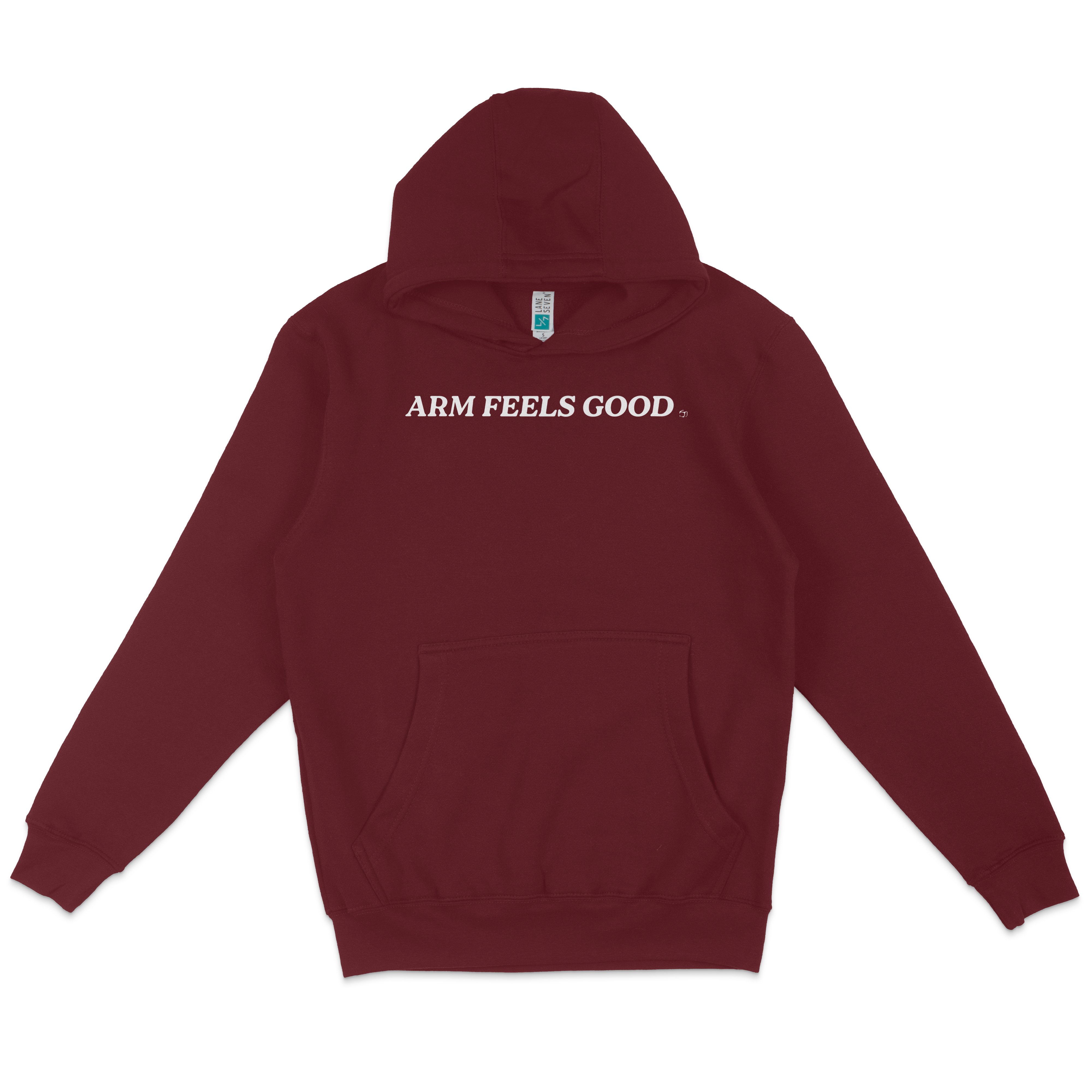 Maroon pullover fleece hoodie with "ARM FEELS GOOD" text on the front, featuring a front pocket and a hood.