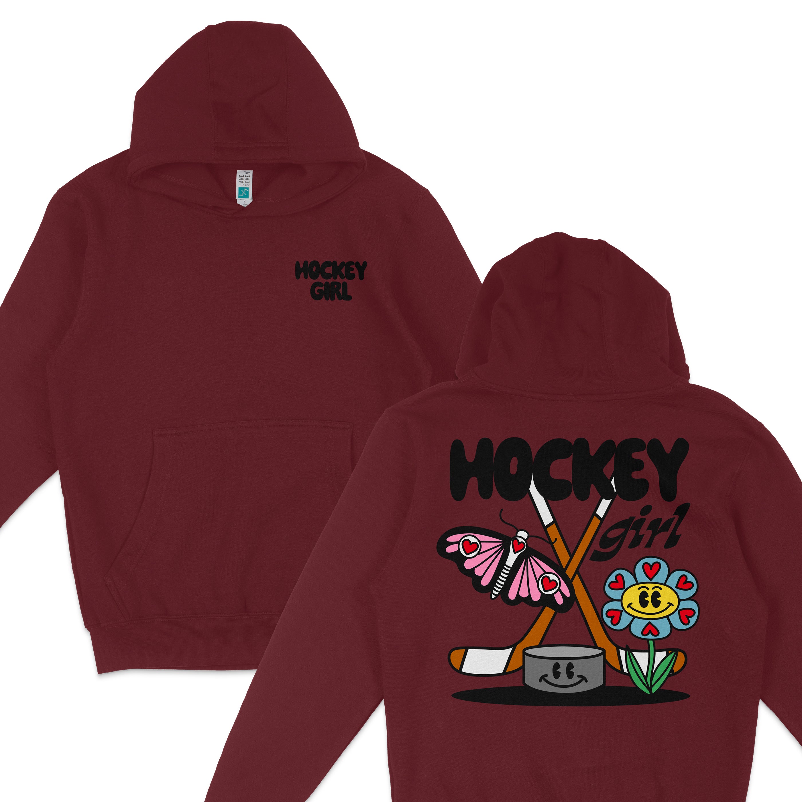 Red hoodie with "Hockey Girl" text, featuring a colorful back design of a butterfly, flower, hockey sticks, and a smiling hockey puck.