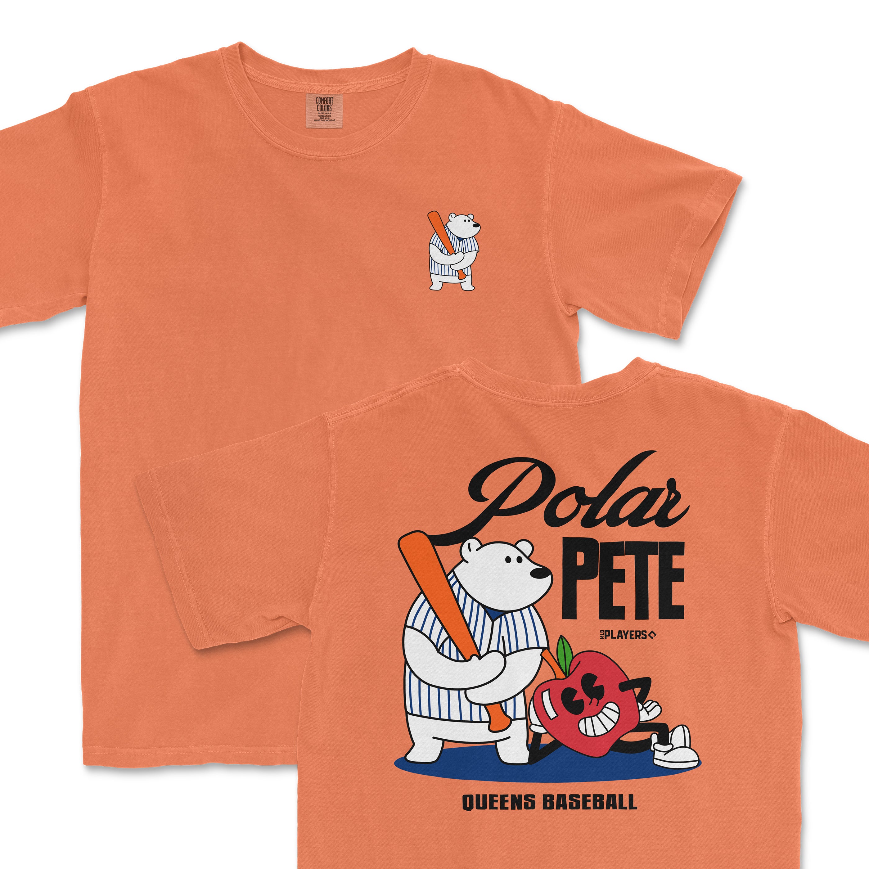 Pete Alonso Summer Cartoon t-shirt featuring a playful polar bear with a bat and a baseball-themed design.