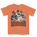 Orange SF Signature Series T-shirt featuring a collage of signed baseball players and "San Francisco" text in bold black and orange.