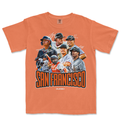 Orange SF Signature Series T-shirt featuring a collage of signed baseball players and "San Francisco" text in bold black and orange.