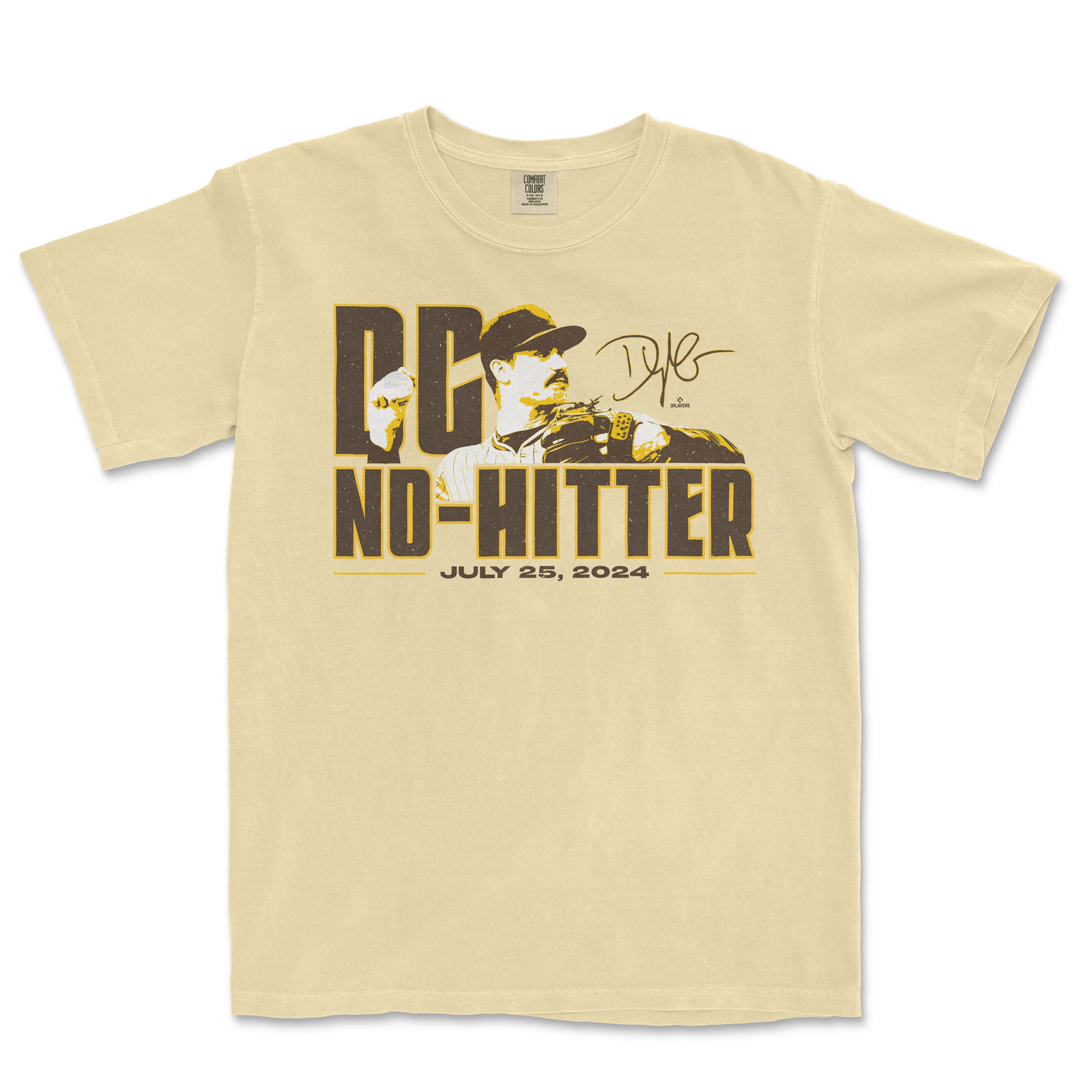 Beige Comfort Colors T-shirt featuring a graphic design celebrating a no-hitter game on July 25, 2024, with a player illustration and signature.
