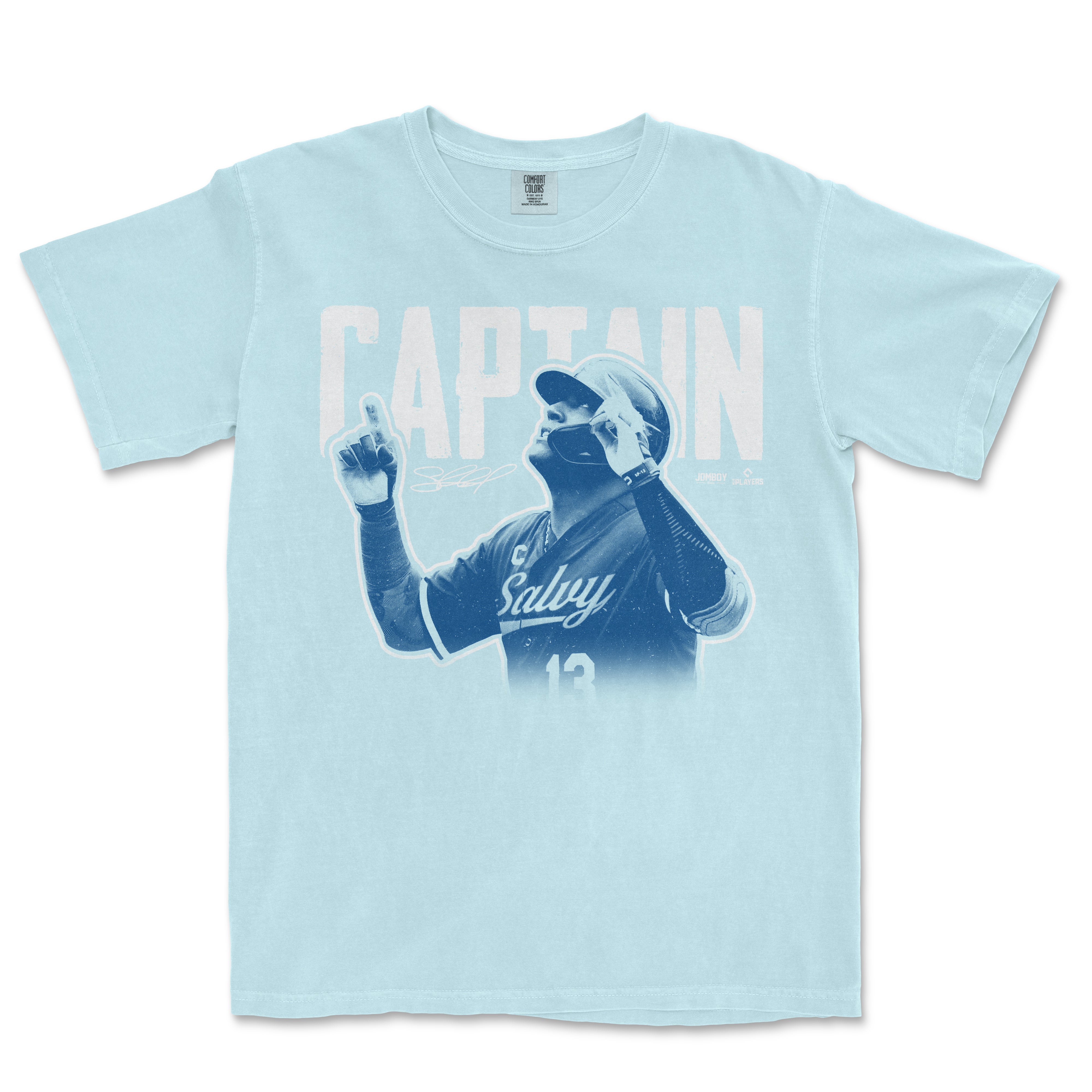 Light blue Comfort Colors T-shirt featuring Salvador Perez as Captain Salvy, with a graphic of him in a baseball uniform.