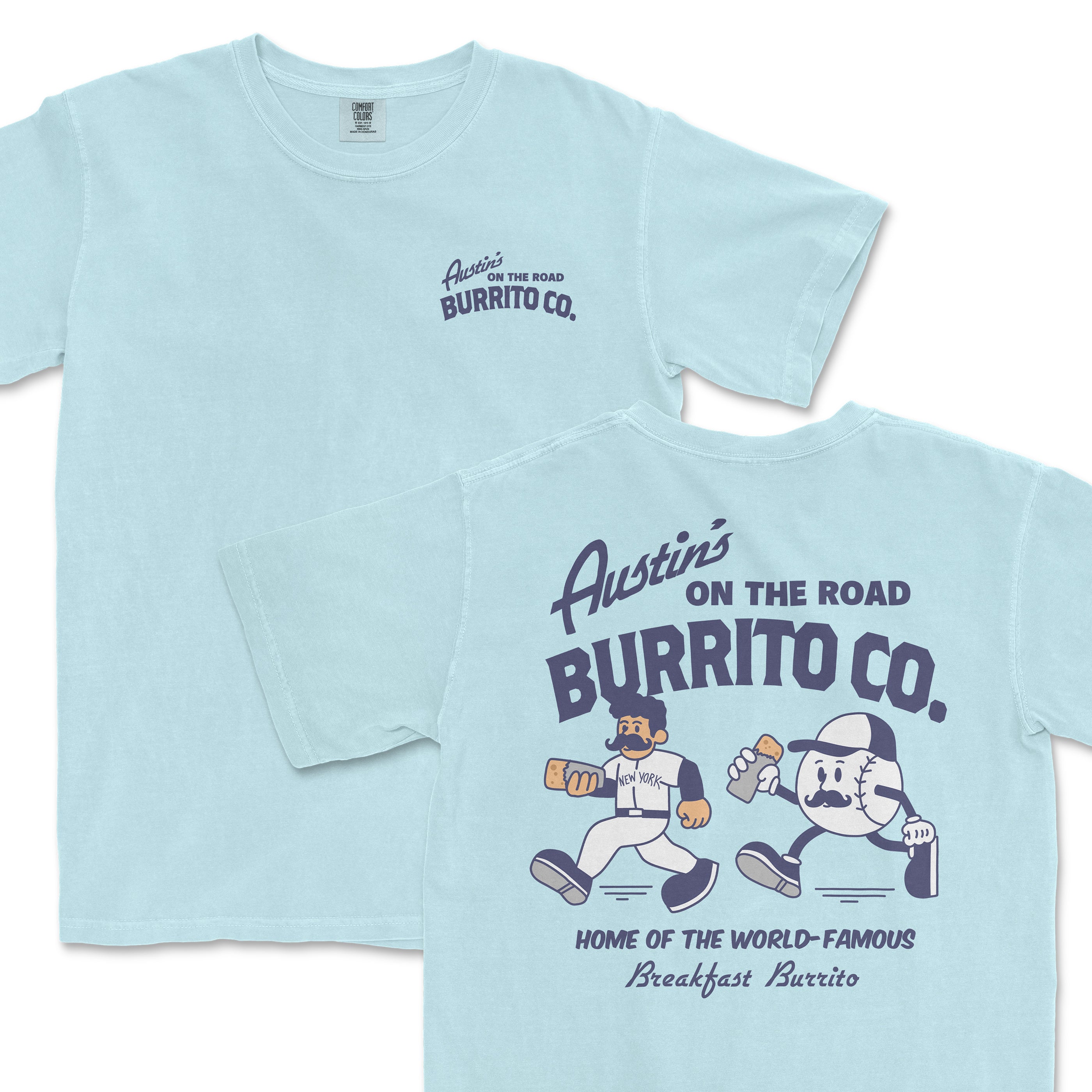 Light blue Comfort Colors T-shirt featuring "Austin's On the Road Burrito Co." logo, with cartoon characters and text about breakfast burritos.