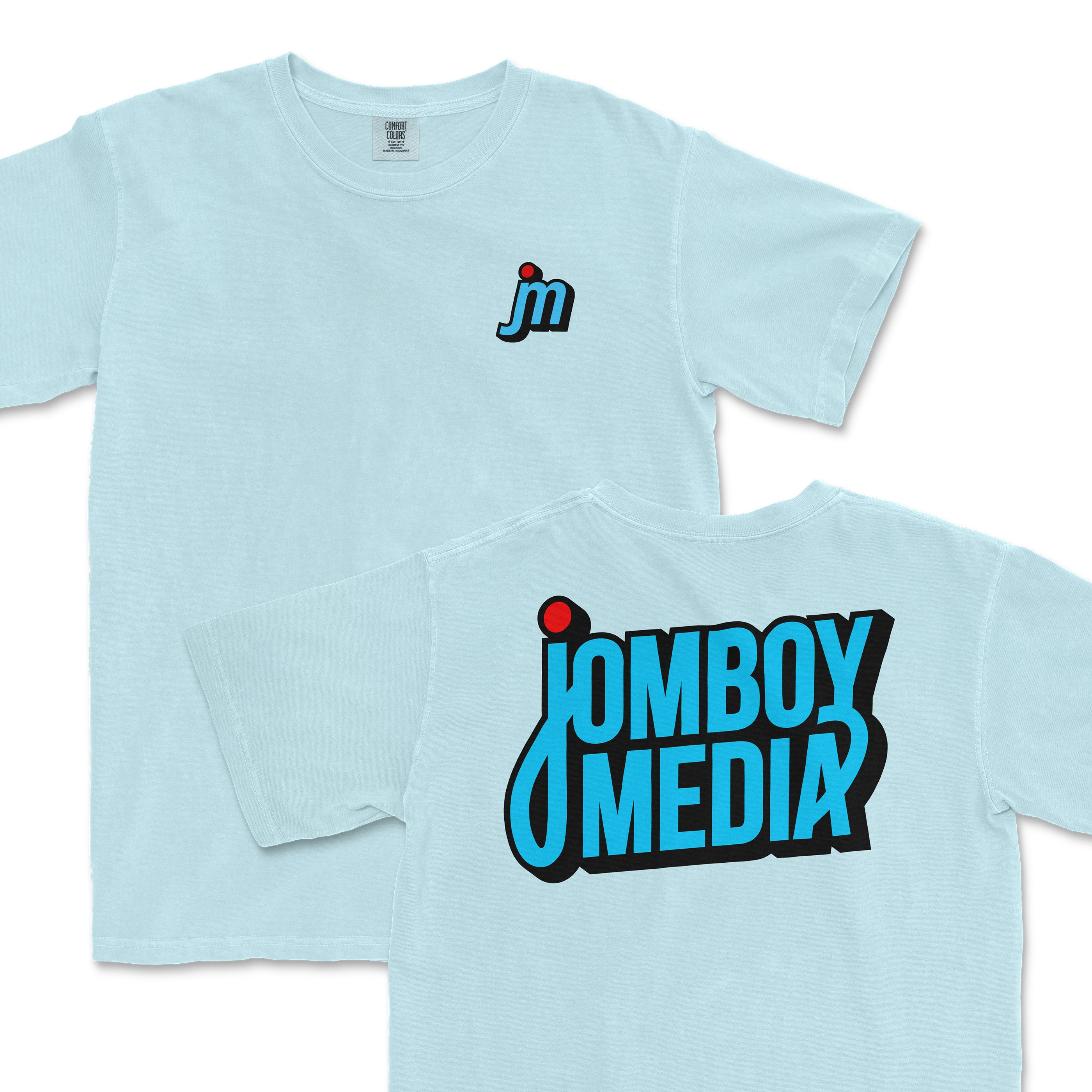 Light blue JM Logo Tee featuring a small logo on the front and a bold Jomboy Media graphic on the back.