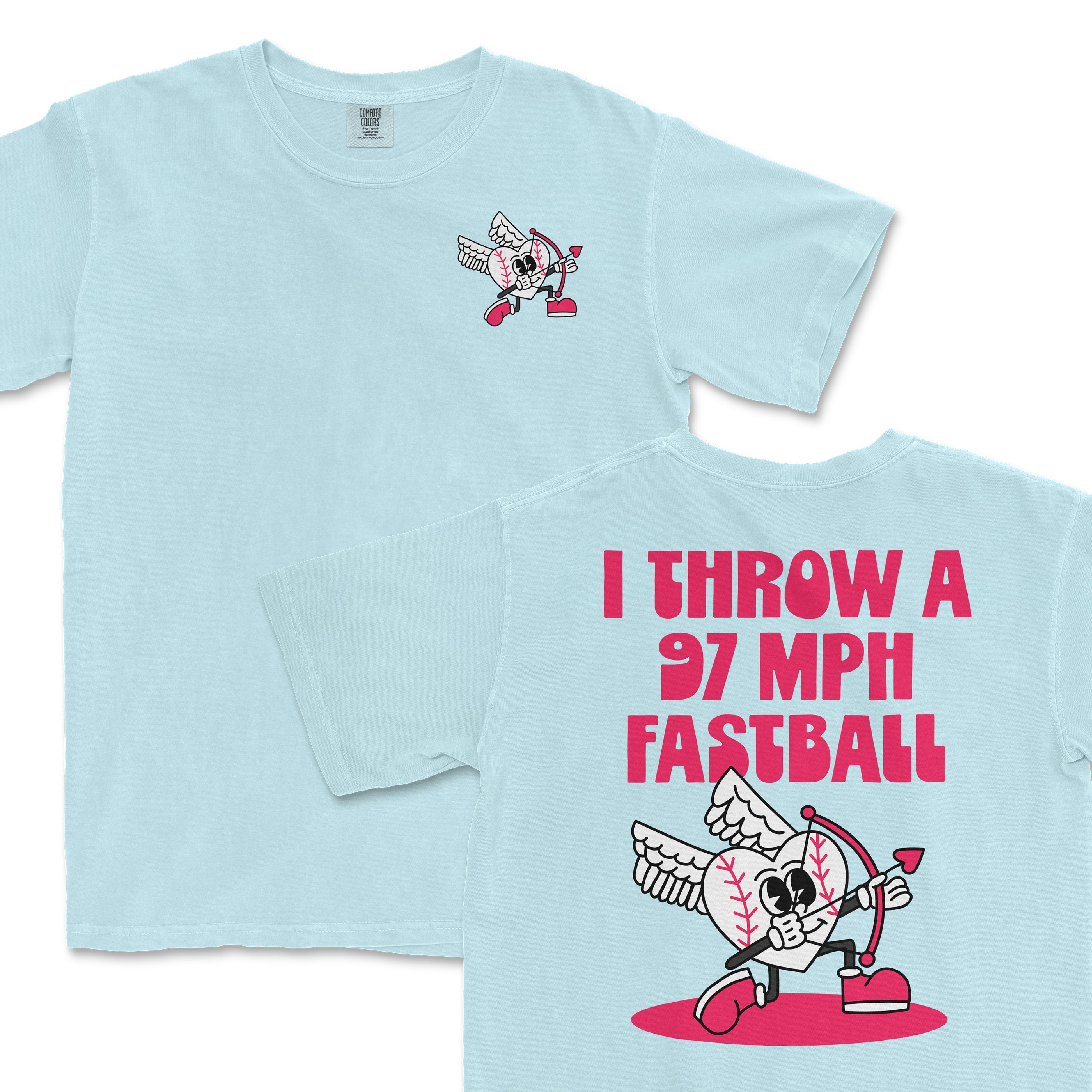 Light blue Comfort Colors T-shirt featuring a cartoon baseball with wings, holding a bow and arrow, with bold pink text on the back.