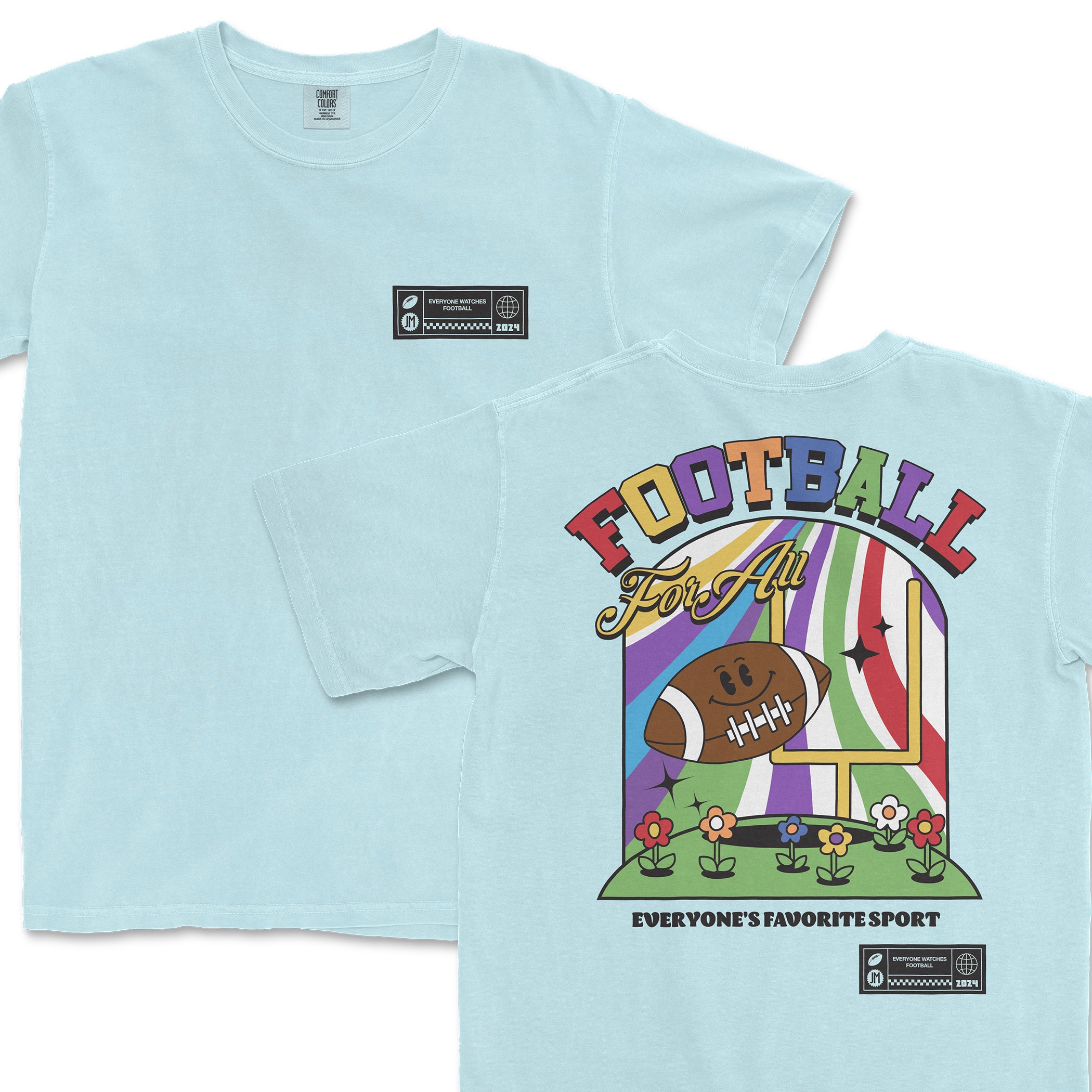 Light blue Comfort Colors T-shirt with colorful football-themed graphic on back and small logo on front, celebrating football for all.