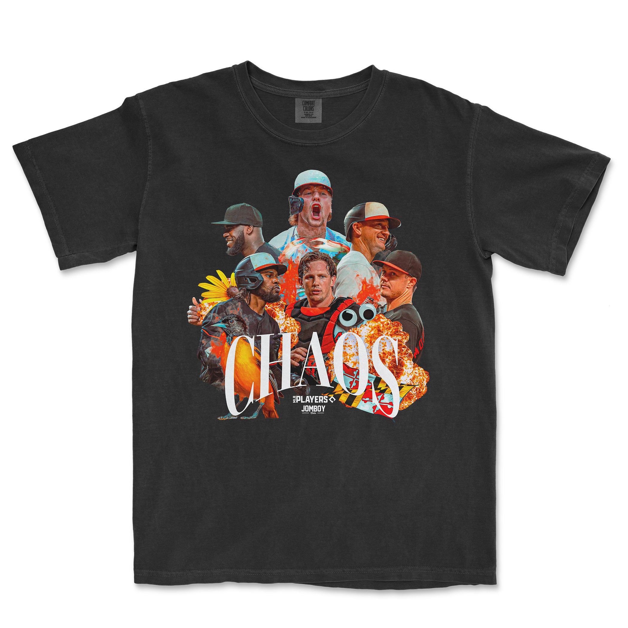 Black Comfort Colors T-shirt featuring a colorful collage of people, flames, a skateboard, and the word "CHAOS" in bold letters.