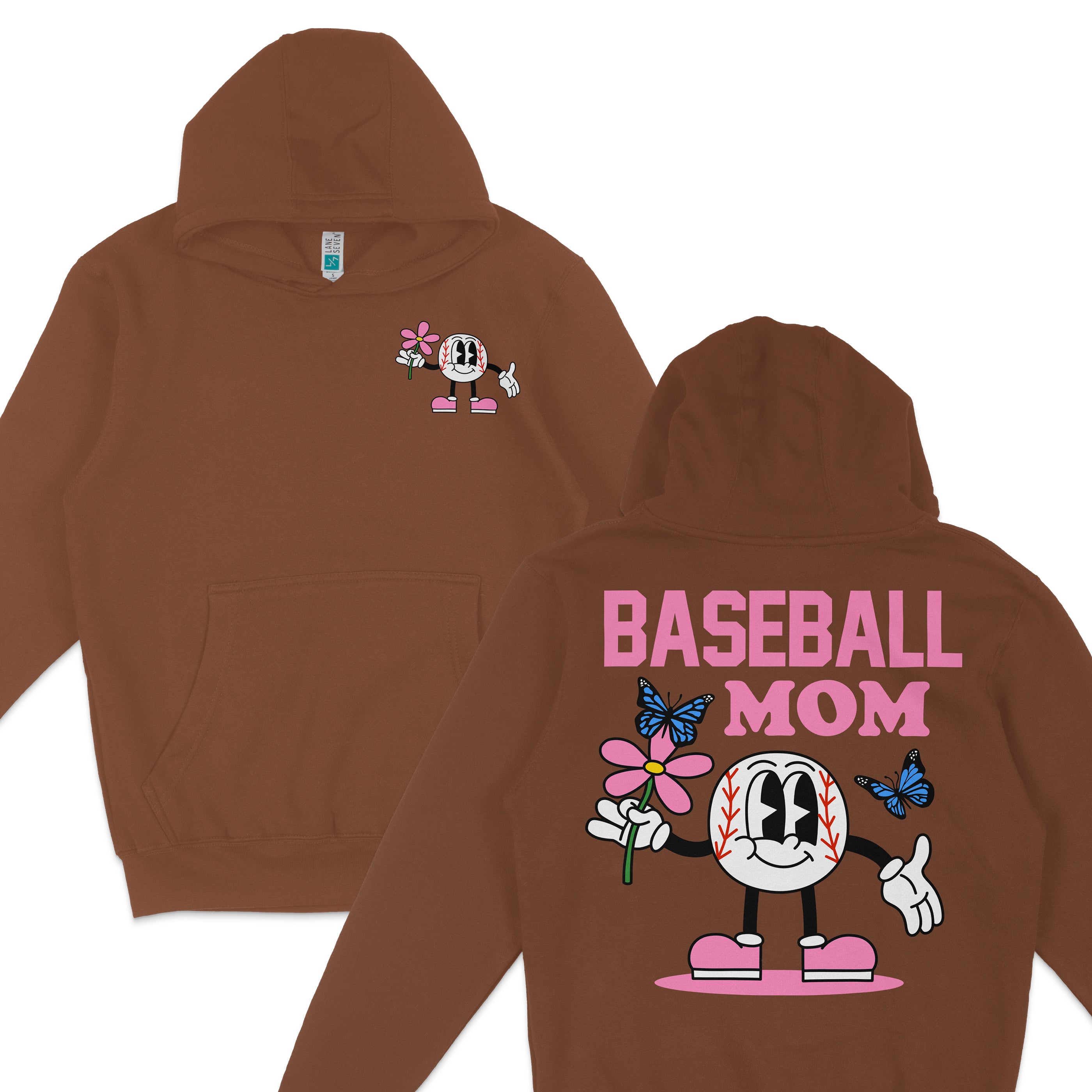 Brown hoodie with "Baseball Mom" text and a cartoon baseball character holding a flower, surrounded by butterflies.