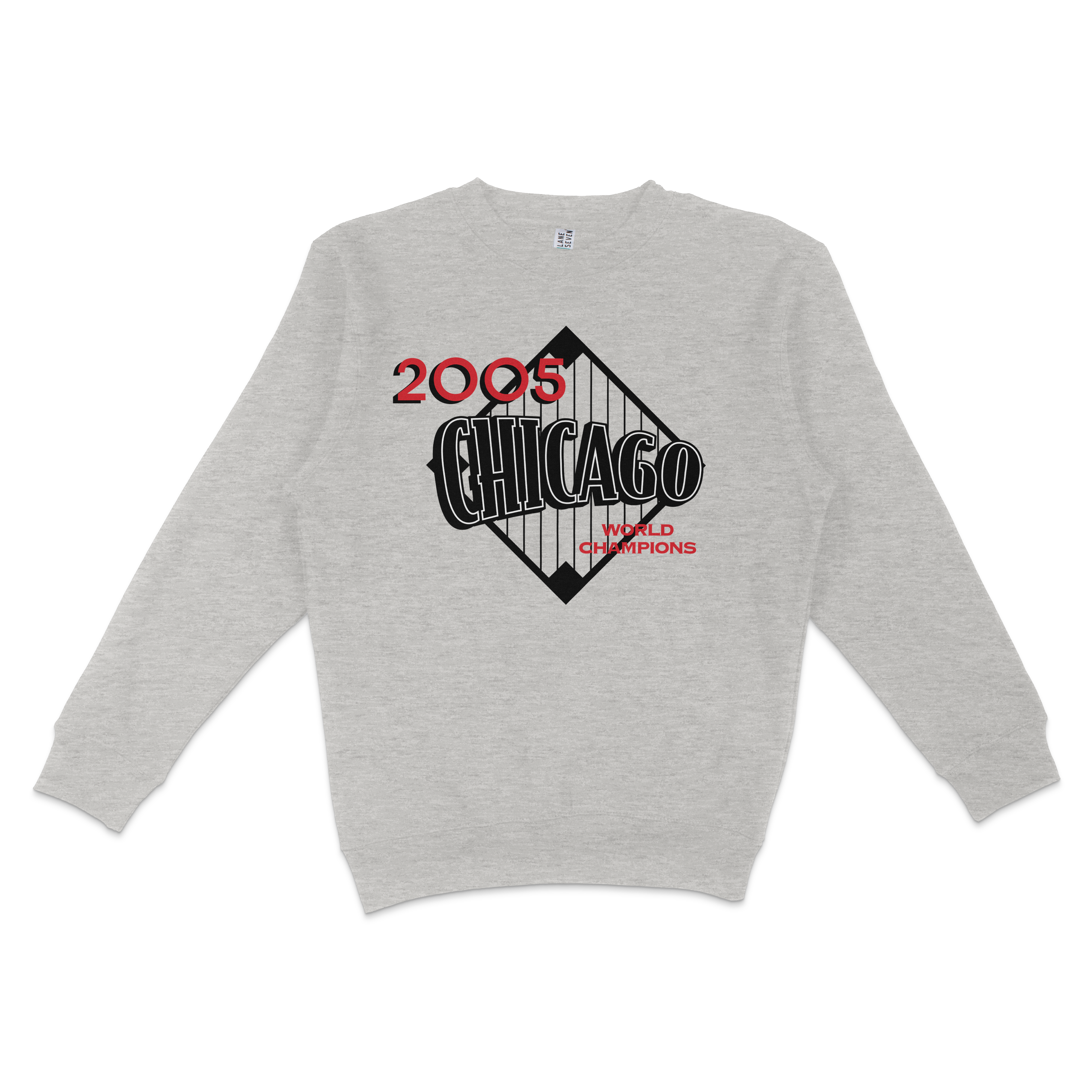 Gray crewneck sweatshirt featuring a Chicago 2005 World Champions graphic with black, red, and white text and design elements.