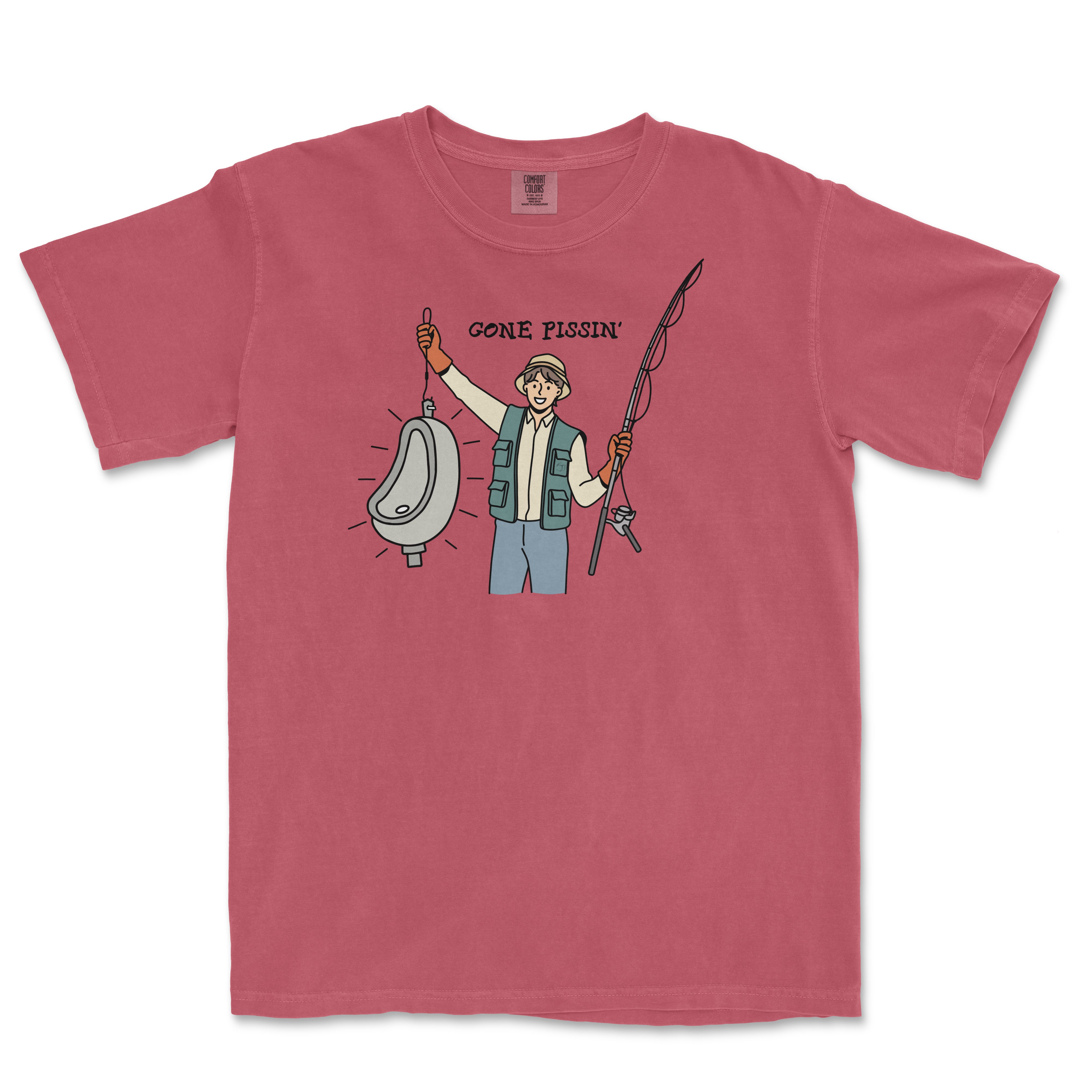 A pink T-shirt featuring a cartoon illustration of a person holding a fishing rod and a urinal, with the text "GONE PISSIN'" above.