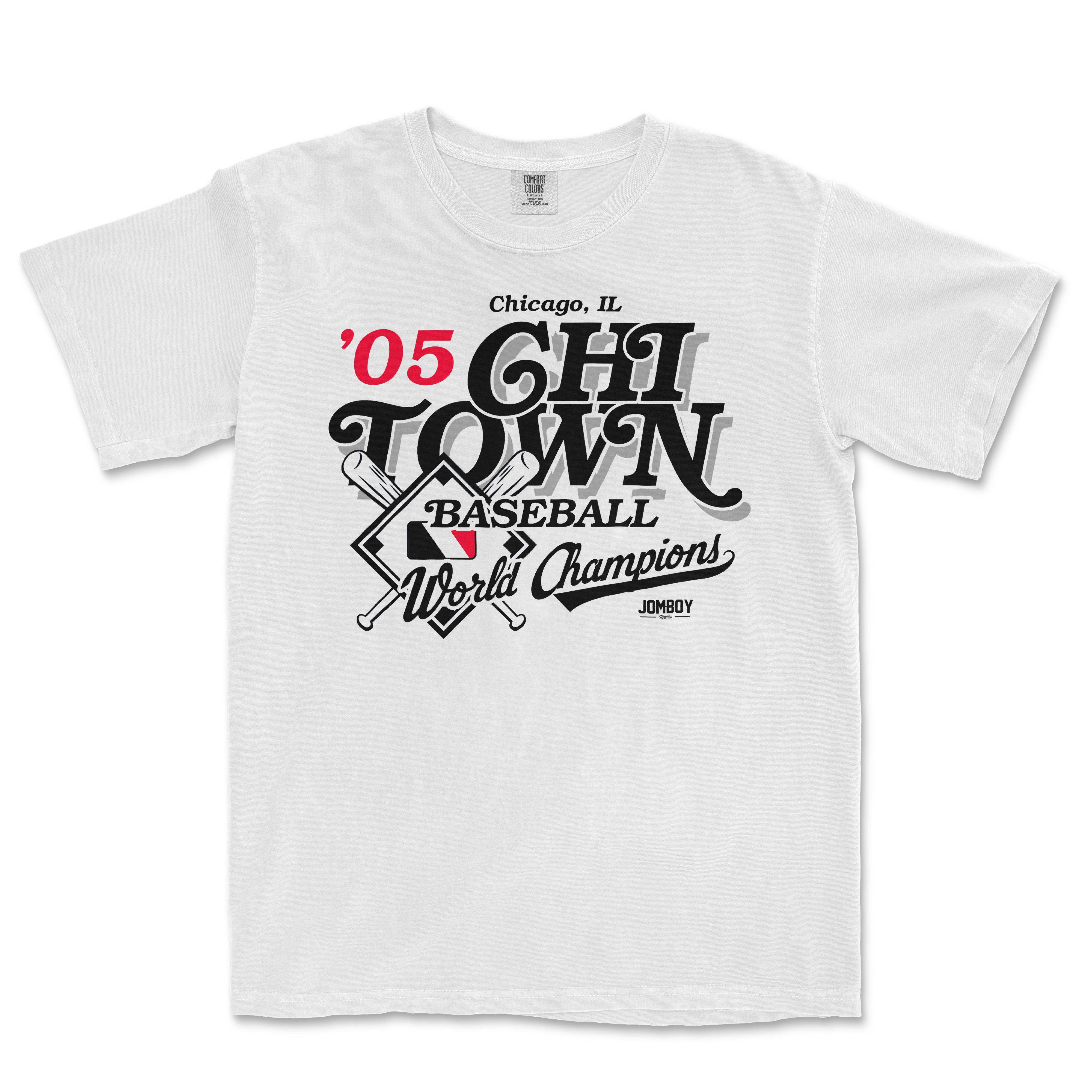 White Comfort Colors T-shirt featuring a vintage Chicago baseball team design with crossed bats, text, and "World Champions" lettering.