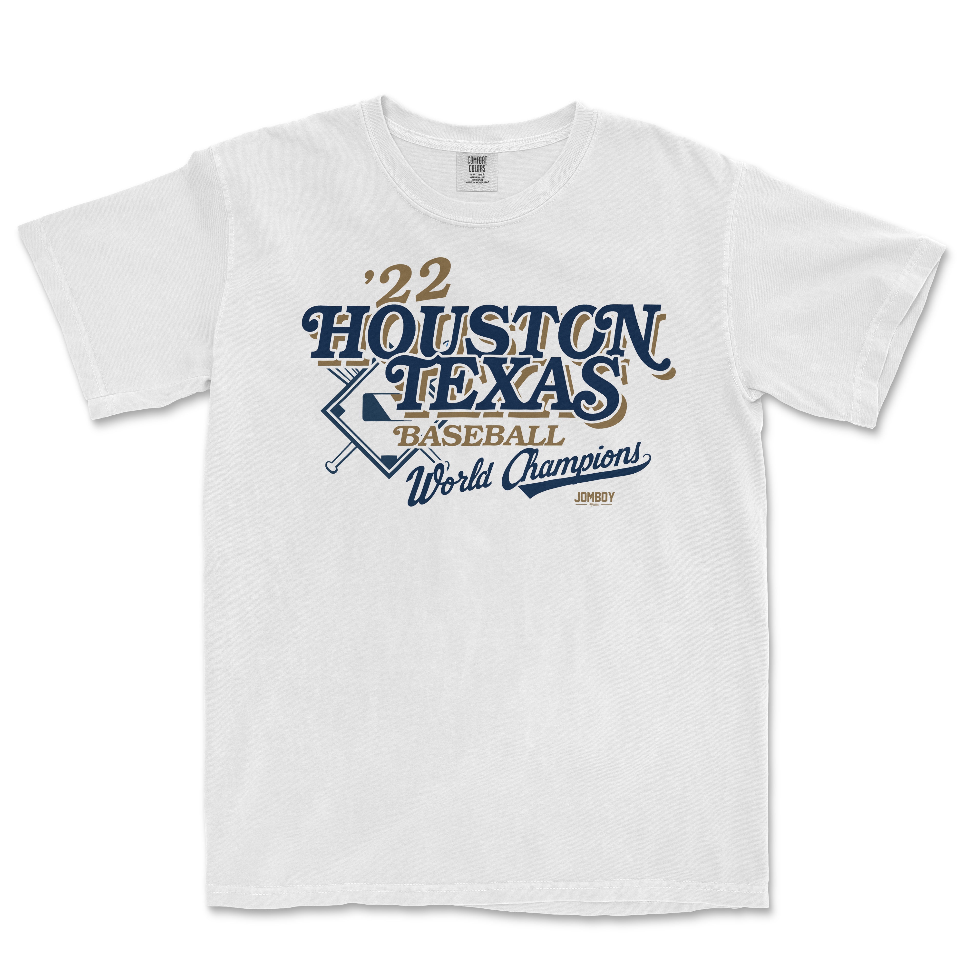 White Comfort Colors tee featuring vintage Houston Texas baseball World Champions design with navy and gold text and graphics.