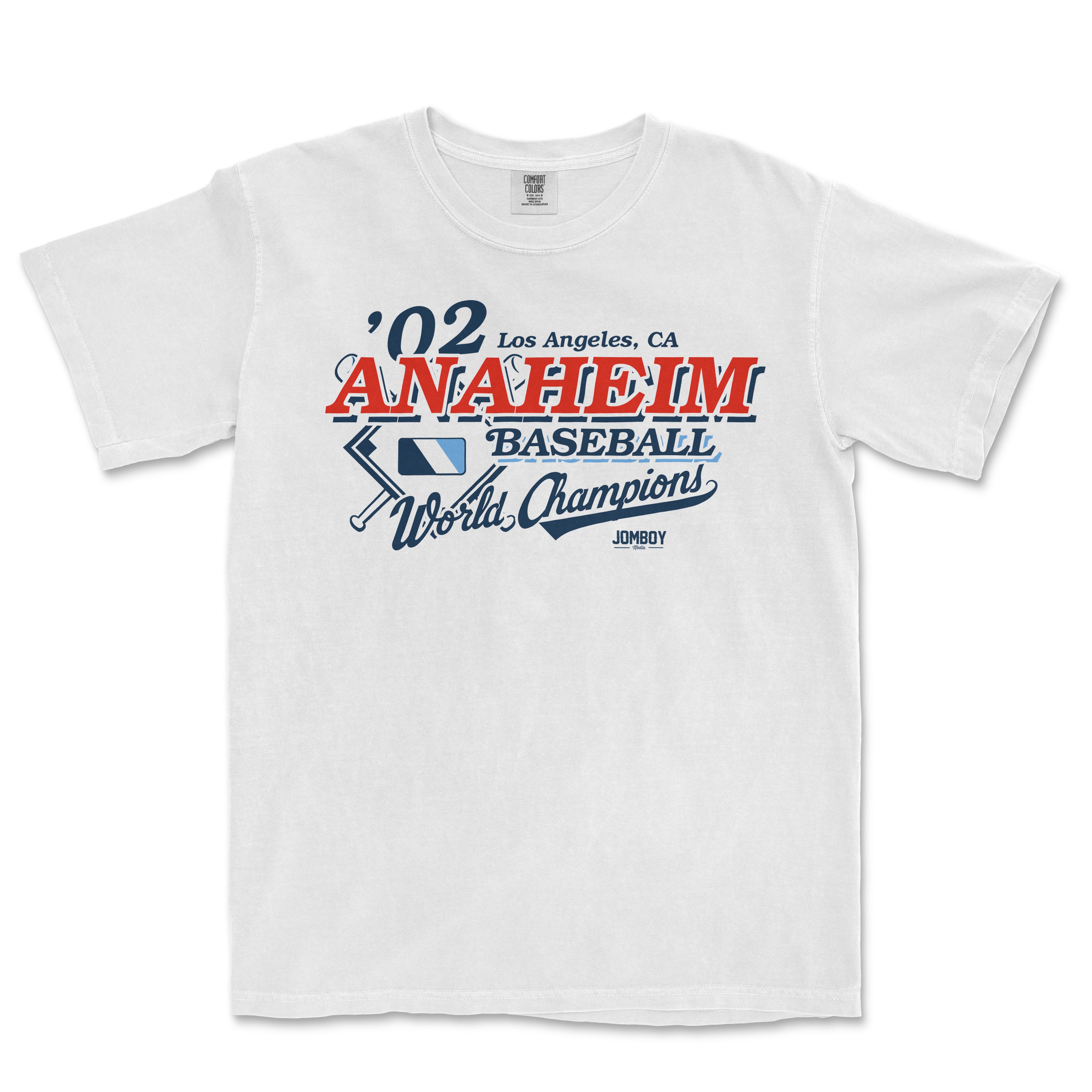White Comfort Colors tee featuring vintage-style "Los Angeles, CA" and "Anaheim Baseball World Champions" graphic design.
