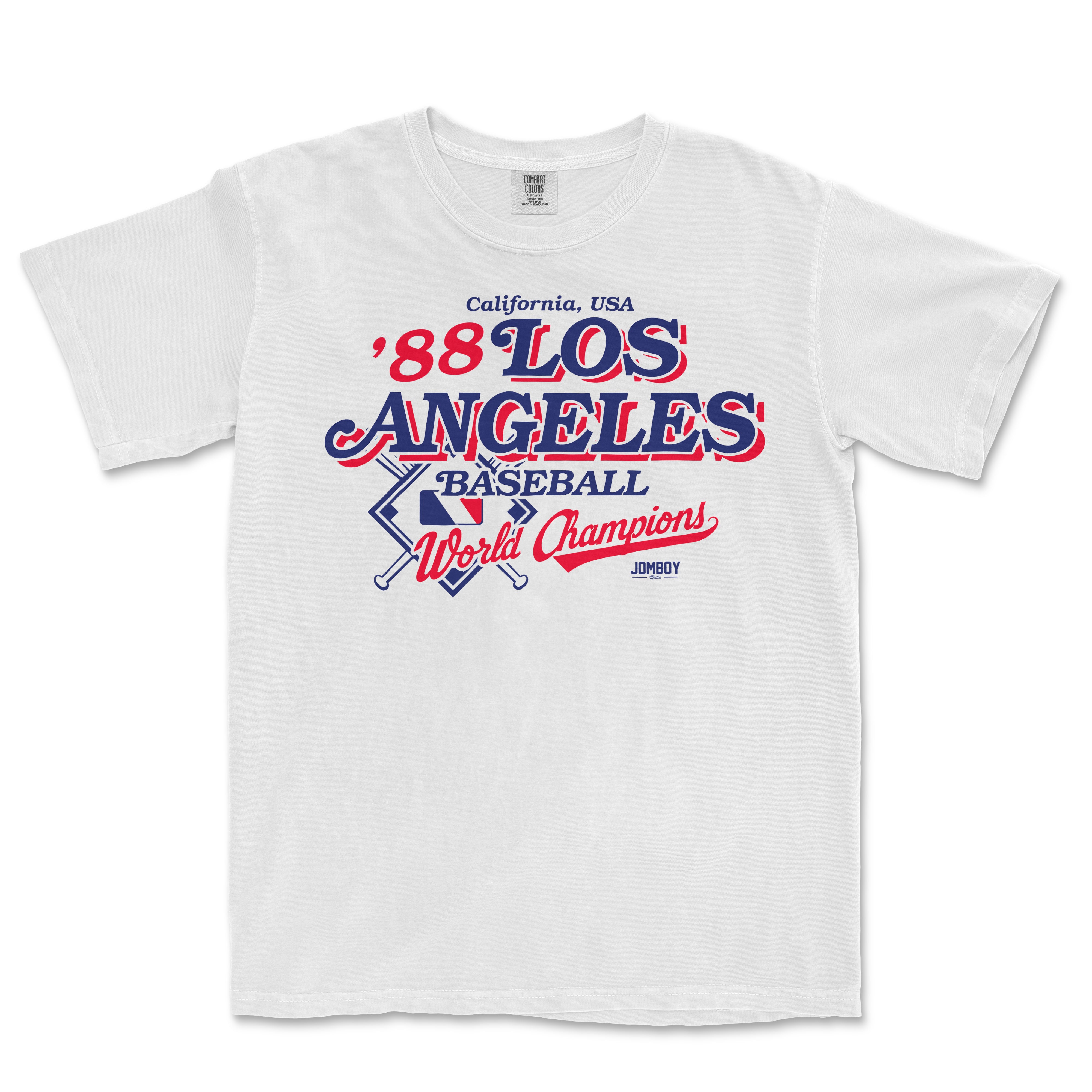White Comfort Colors tee featuring vintage Los Angeles 1988 baseball World Champions graphic in red, blue, and white.