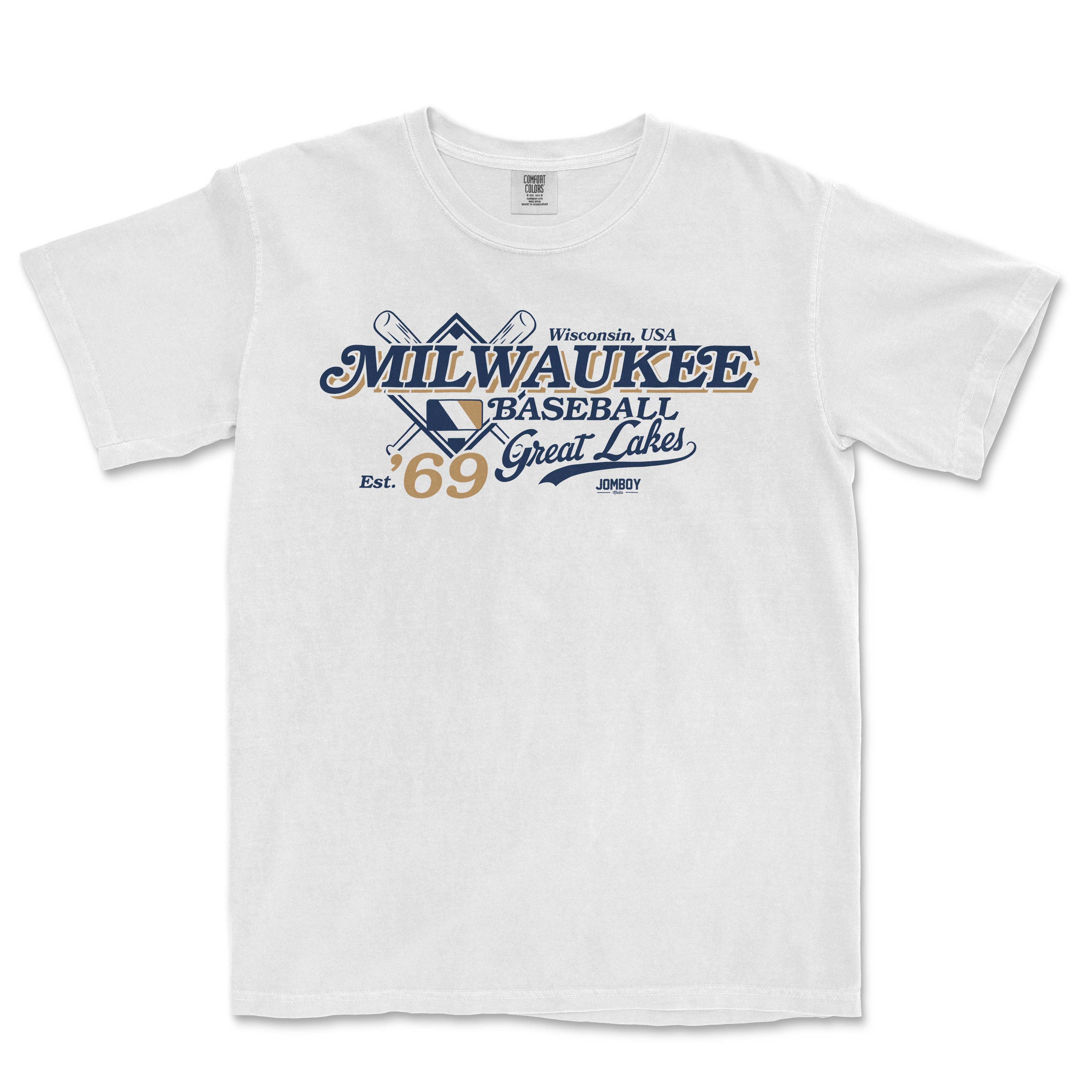 White vintage-style Comfort Colors T-shirt featuring Milwaukee baseball team logo, crossed bats, and "Great Lakes" text.