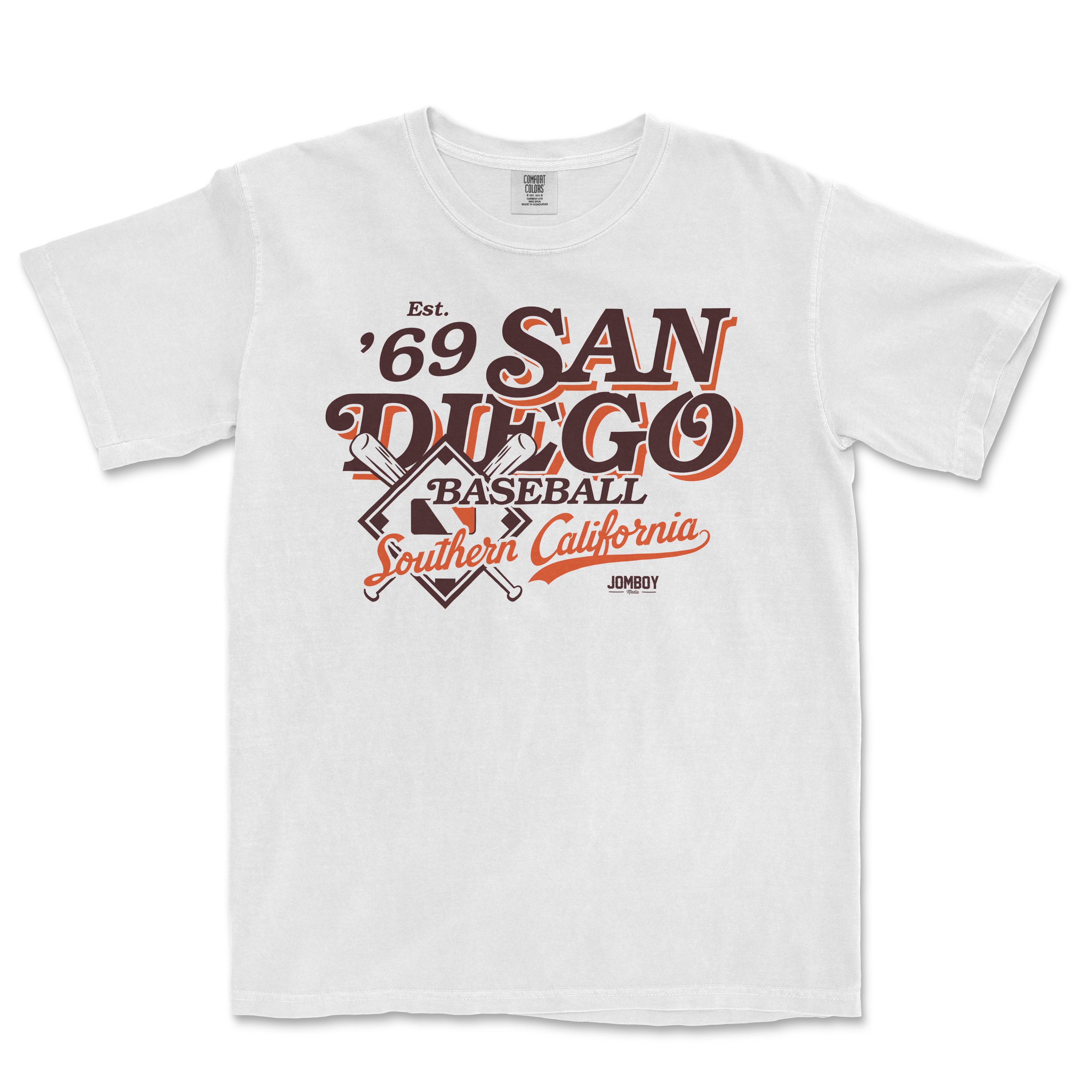 White T-shirt featuring vintage-style text and graphics celebrating San Diego baseball, Southern California, and a 1969 theme.