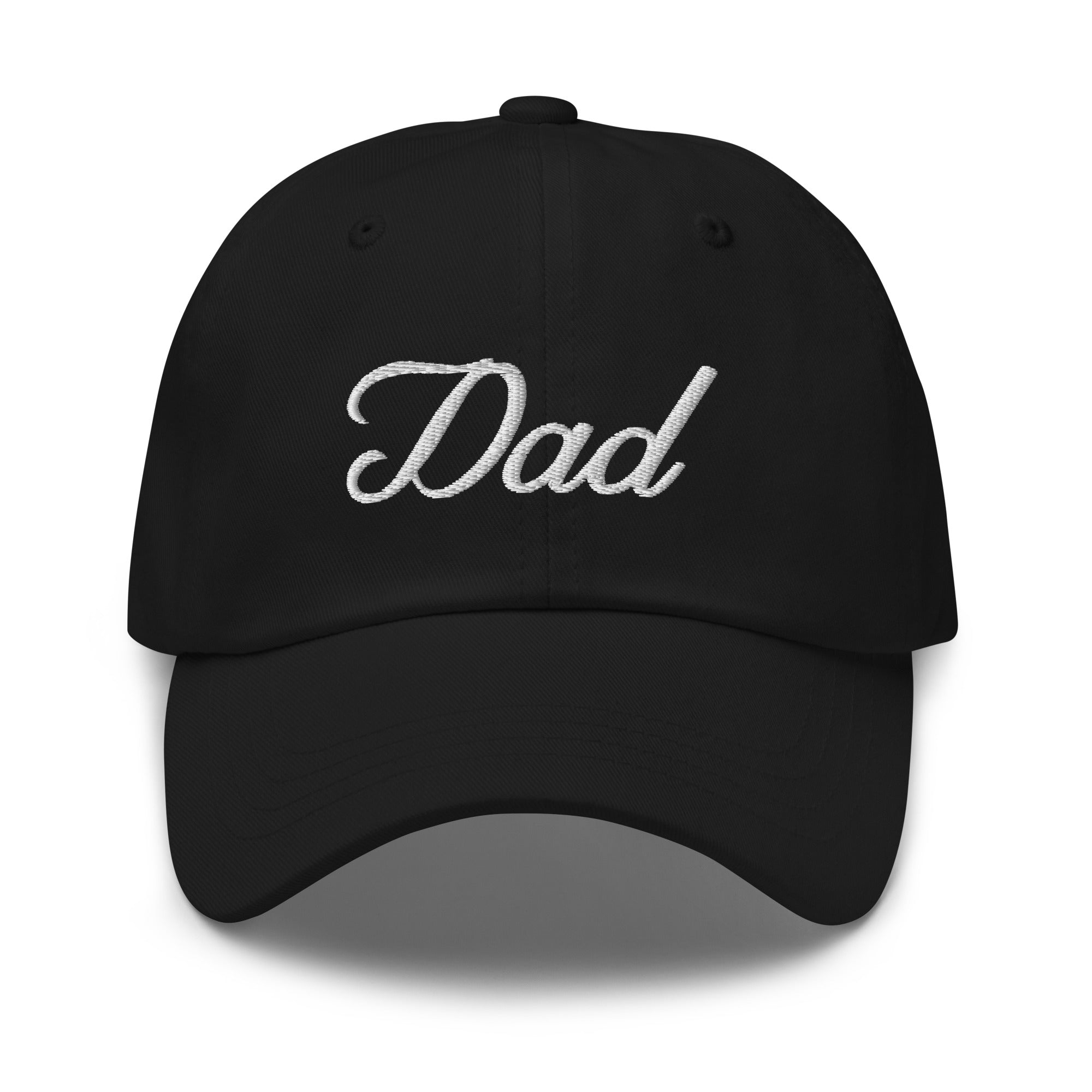 Black dad hat with white embroidered "Dad" text on the front, featuring a curved brim and adjustable strap.