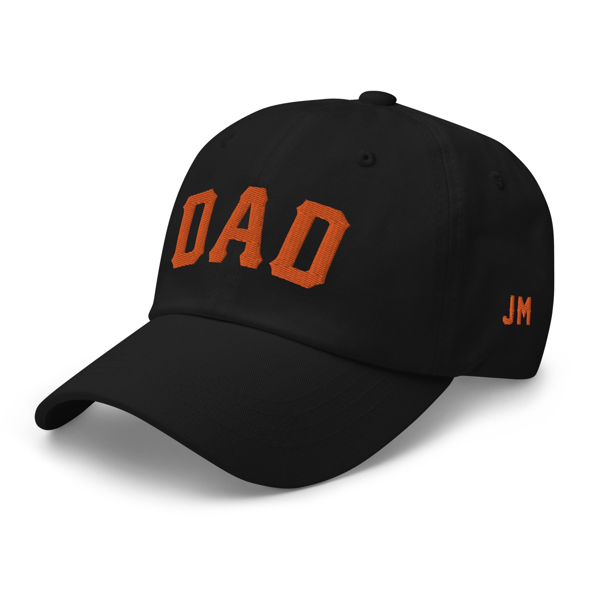 Black dad hat with orange embroidered "DAD" text on front and "JM" initials on side, perfect for San Francisco baseball dads.