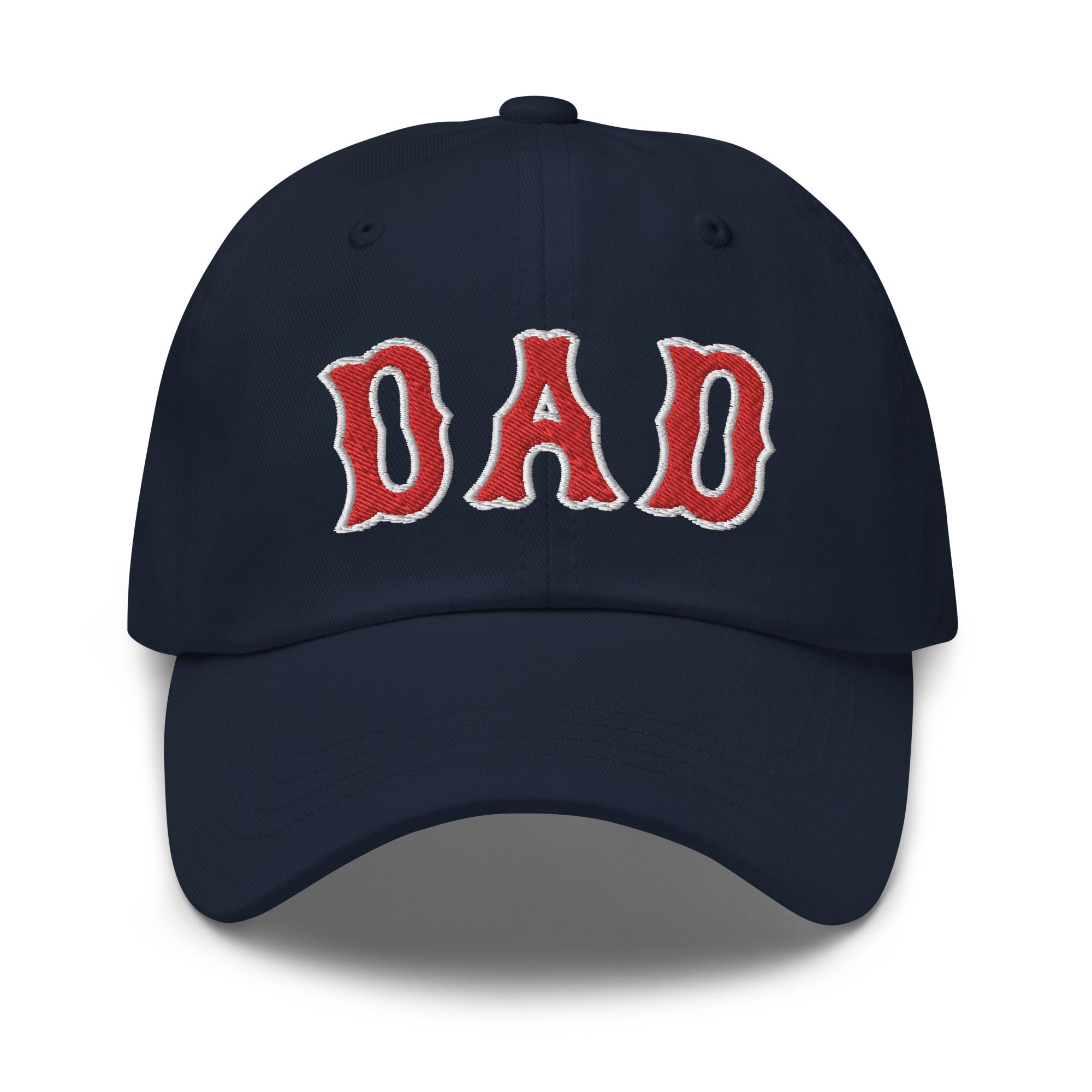 Navy dad hat with red and white embroidered "DAD" text, featuring a baseball theme, perfect for Boston baseball dads.